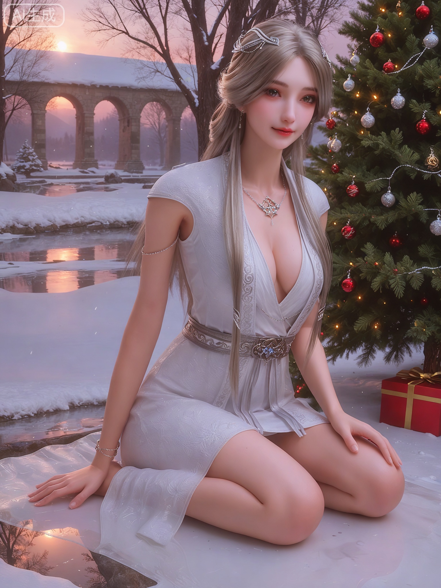 score_9,score_8_up,score_7_up,masterpiece,(best quality),(intricate details:0.9) BREAK (intricate details:0.9),(realistic skin:1.2),masterpiece,best quality,newest,absurdres,hiahres,1girl,jewelry,hair ornament,dress,necklace,lips,eyeshadow,bracelet,tassel,(8k ultra-clear, pony style),photo pose 0.6, micro-expression: soft smile 0.3, half-body + medium shot 0.7,1girl,looking_at_viewer,1boy,hair,realistic,photorealistic,Vivid Colors,bright environment,shiny skin,shiny hairjewelry,detail eyes,Eyes highlights,glowing,sunshine,bright,reflection,bright,sunshine on face,shiny,shinny,petite,thin,leg slimming,lose weight,slim hips,lakeside,delicate water,reflection,(full body:1.3)sitting_down,eyelashes,snow,Winter,Snowy landscape,Snow accumulation,Christmas tree,(huge breasts:1),