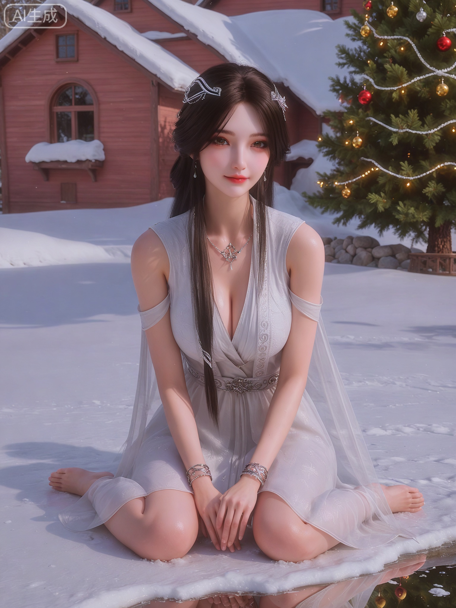 score_9,score_8_up,score_7_up,masterpiece,(best quality),(intricate details:0.9) BREAK (intricate details:0.9),(realistic skin:1.2),masterpiece,best quality,newest,absurdres,hiahres,1girl,jewelry,hair ornament,dress,necklace,lips,eyeshadow,bracelet,tassel,(8k ultra-clear, pony style),photo pose 0.6, micro-expression: soft smile 0.3, half-body + medium shot 0.7,1girl,looking_at_viewer,1boy,hair,realistic,photorealistic,Vivid Colors,bright environment,shiny skin,shiny hairjewelry,detail eyes,Eyes highlights,glowing,sunshine,bright,reflection,bright,sunshine on face,shiny,shinny,petite,thin,leg slimming,lose weight,slim hips,lakeside,delicate water,reflection,(full body:1.3)sitting_down,eyelashes,snow,Winter,Snowy landscape,Snow accumulation,Christmas tree,(huge breasts:1),black-hair,