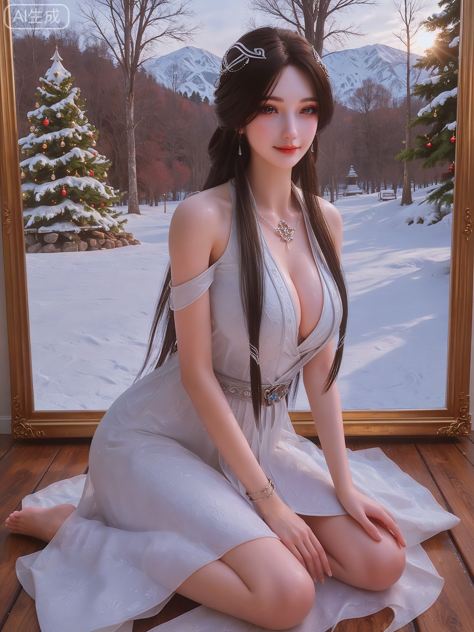 score_9,score_8_up,score_7_up,masterpiece,(best quality),(intricate details:0.9) BREAK (intricate details:0.9),(realistic skin:1.2),masterpiece,best quality,newest,absurdres,hiahres,1girl,jewelry,hair ornament,dress,necklace,lips,eyeshadow,bracelet,tassel,(8k ultra-clear, pony style),photo pose 0.6, micro-expression: soft smile 0.3, half-body + medium shot 0.7,1girl,looking_at_viewer,1boy,hair,realistic,photorealistic,Vivid Colors,bright environment,shiny skin,shiny hairjewelry,detail eyes,Eyes highlights,glowing,sunshine,bright,reflection,bright,sunshine on face,shiny,shinny,petite,thin,leg slimming,lose weight,slim hips,lakeside,delicate water,reflection,(full body:1.3)sitting_down,eyelashes,snow,Winter,Snowy landscape,Snow accumulation,Christmas tree,(huge breasts:1),black-hair,