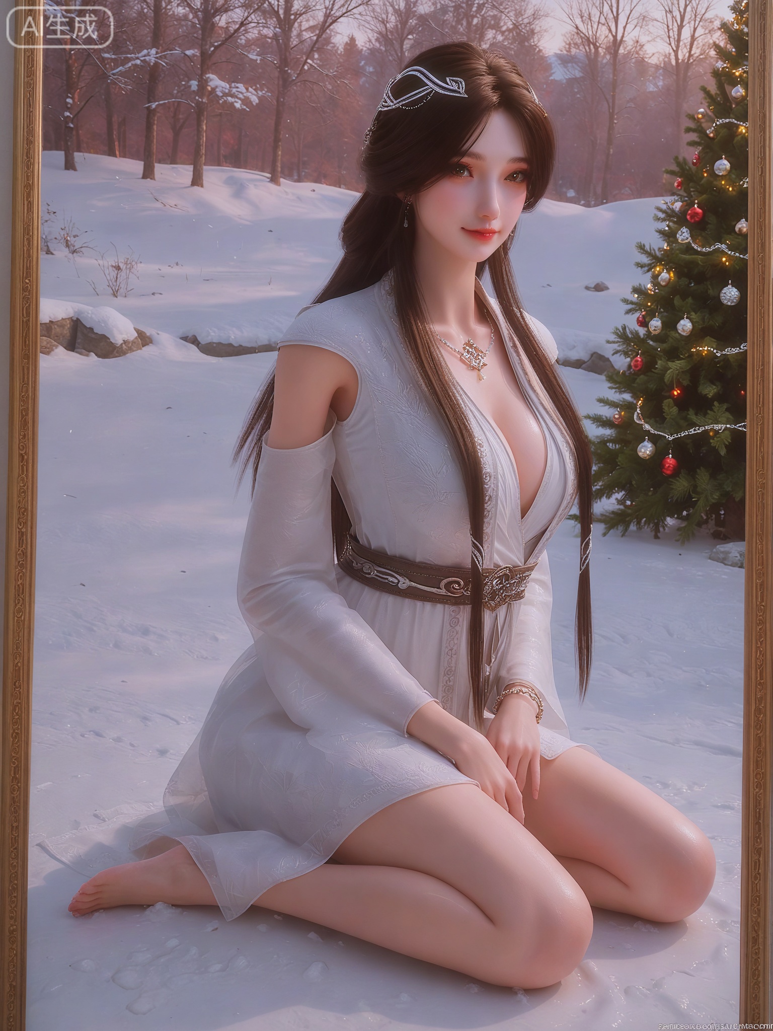 score_9,score_8_up,score_7_up,masterpiece,(best quality),(intricate details:0.9) BREAK (intricate details:0.9),(realistic skin:1.2),masterpiece,best quality,newest,absurdres,hiahres,1girl,jewelry,hair ornament,dress,necklace,lips,eyeshadow,bracelet,tassel,(8k ultra-clear, pony style),photo pose 0.6, micro-expression: soft smile 0.3, half-body + medium shot 0.7,1girl,looking_at_viewer,1boy,hair,realistic,photorealistic,Vivid Colors,bright environment,shiny skin,shiny hairjewelry,detail eyes,Eyes highlights,glowing,sunshine,bright,reflection,bright,sunshine on face,shiny,shinny,petite,thin,leg slimming,lose weight,slim hips,lakeside,delicate water,reflection,(full body:1.3)sitting_down,eyelashes,snow,Winter,Snowy landscape,Snow accumulation,Christmas tree,(huge breasts:1),