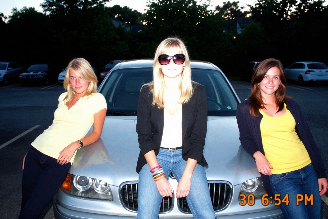 A low-resolution,  candid ******* digital photograph from 2007 capturing three young women posing with a silver BMW SUV in...