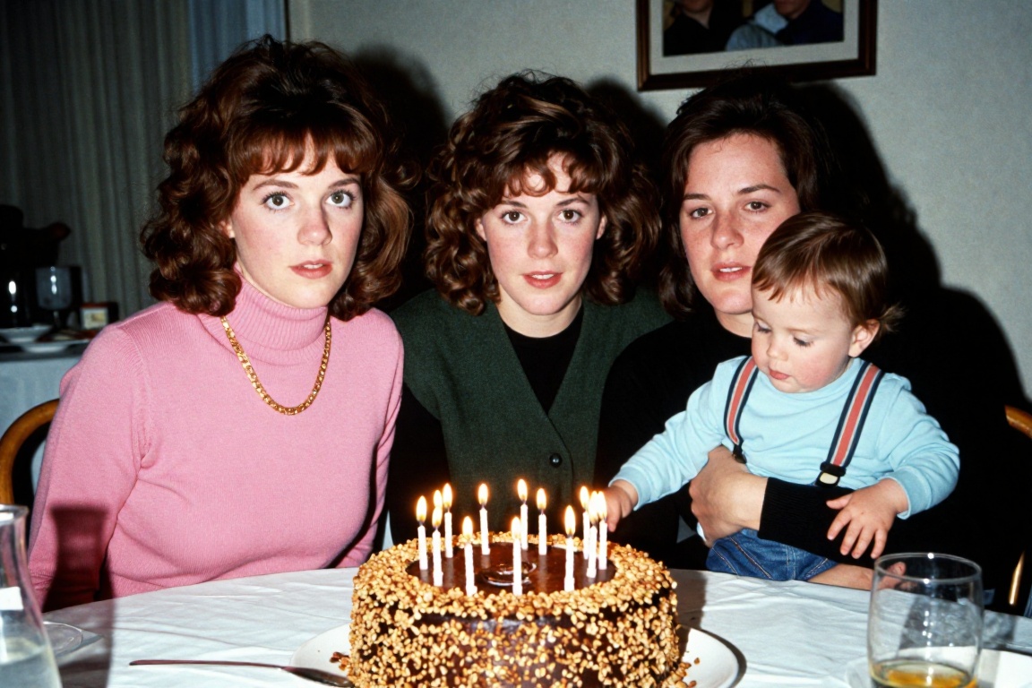 A vintage ******* family photograph from the late 1980s or early 1990s,  capturing an intimate birthday celebration. Three...