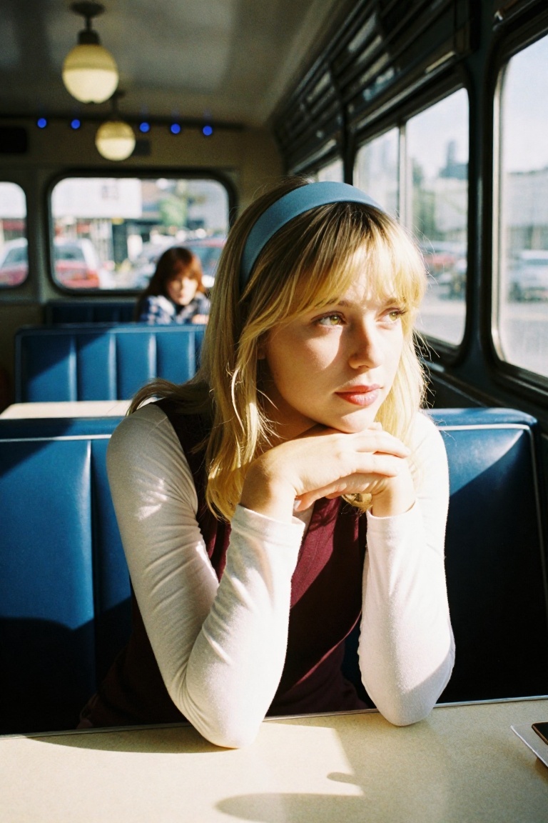A high-quality 35mm film photograph of a young woman with light blonde hair and bangs,  wearing a pale blue headband. She...