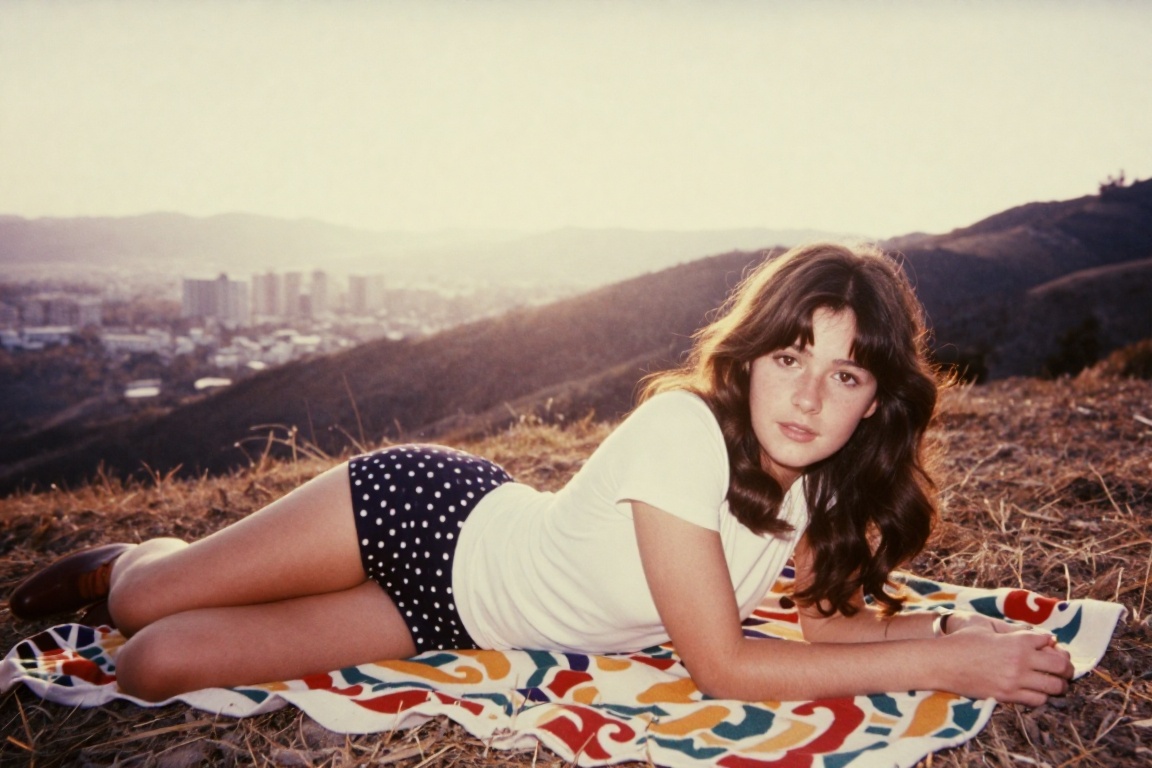A dreamy,  low-fidelity vintage color photograph from the 1970s of a beautiful young woman lying on her stomach on a color...