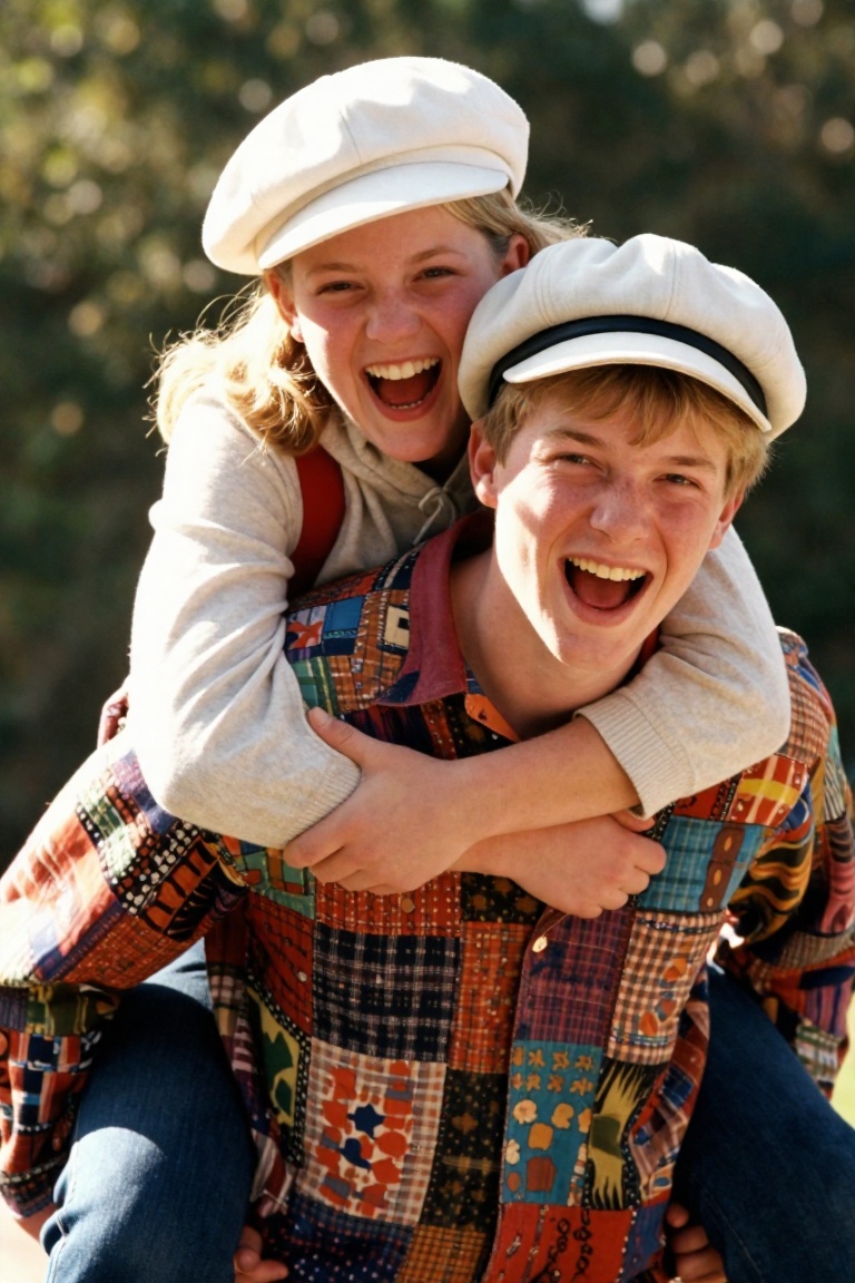A candid,  sunlit close-up captures a teenage boy giving a girl a piggyback ride,  both subjects caught mid-laugh with wid...