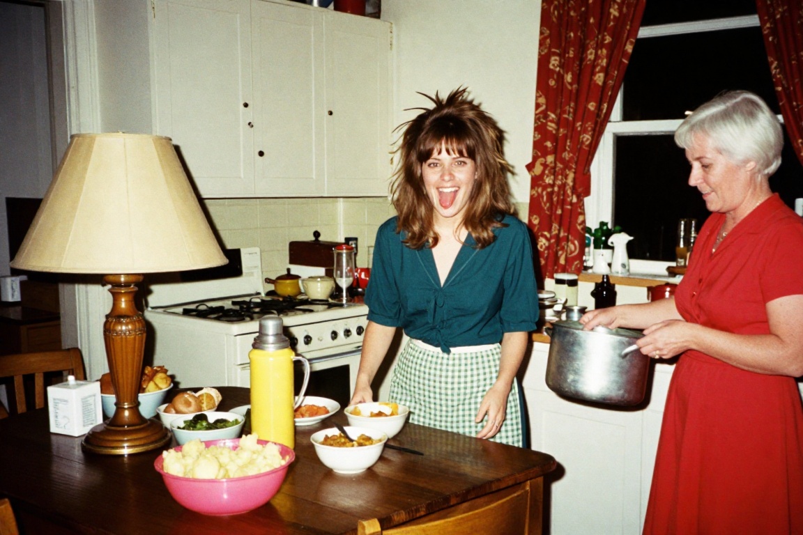 A candid,  grainy vintage color photograph from the late 1970s capturing a playful moment in a cluttered home kitchen. In...