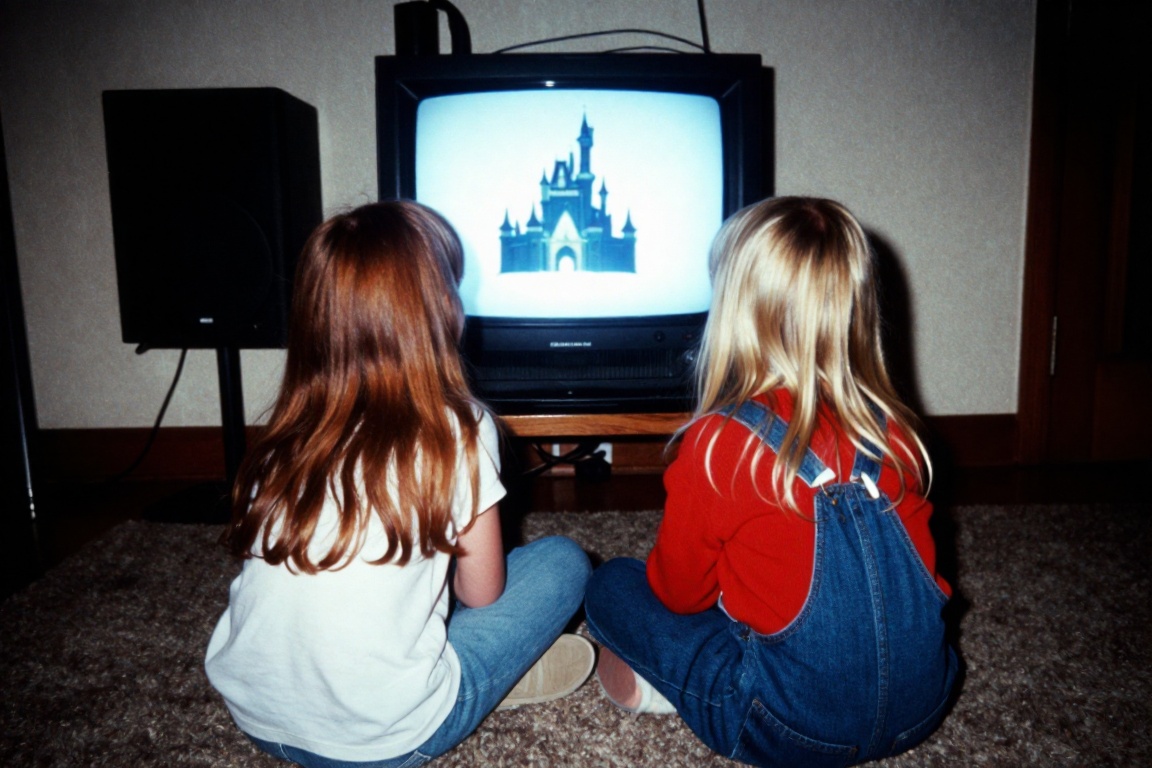 A nostalgic,  low-fidelity home photograph from the late 1990s capturing a cozy childhood moment. Two young girls are seen...