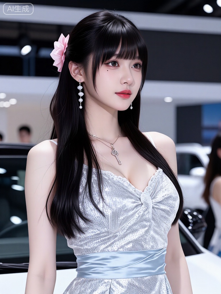 
A beautiful young Asian woman at an auto show, wearing a glamorous silver sequined dress with deep V-neckline and light blue satin arm wrap, long wavy black hair styled in a half-updo with a large pink flower accessory, elegant dangling pearl earrings and layered necklaces including a key pendant, soft natural lighting, professional event atmosphere, blurred background with car display and attendees, confident and poised expression, high-resolution, photorealistic, fashion model, cinematic composition, detailed jewelry, smooth skin, polished makeup, red lipstick, stylish and sophisticated