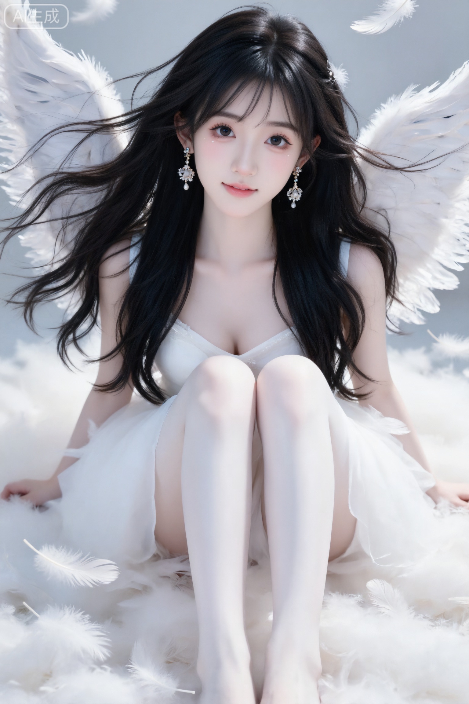 Masterpiece, best picture quality, high quality, (black hair: 1.4), (extra long legs: 1.3), (smooth white thighs: 1.4), (big breasts: 1.4), (beautiful face: 1.4), impressive body, D cup, 1girl,
Real photography, Asian beautiful girl Weiwei, bird's-eye view, shot vertically from top to bottom, with long flaxen hair and big waves (blown by the wind), wearing exquisite earrings, and a white dress; sitting among a large number of white feathers, the overall style is dreamy and beautiful, full of fairy spirit and art The beauty of the atmosphere, oblique composition, Weiwei's face is beautiful, frontal photo, ultra-clear image quality, exquisite makeup, exquisite accessories, cute makeup, gentle and generous, delicate facial features, clear face, (movie-level surface light: 1.6), (ray tracing: 1.5) , (smooth skin with cold white skin and romantic texture: 1.7), (character has the best bone appearance: 1.2), (internet face: 1.6), perfect body, Morandi color matching, good-looking internet celebrity, INS style, childish face, 19-year-old girl with pointed chin, She has a well-balanced proportion of three courts and five eyes, petite body, delicate porcelain-smooth skin, cold white skin, random makeup, random accessories, random movements, side light, light and messy hair, shot at random angles, overall there is a lot of uncertainty, but she looks good.
The style is sweet and girly, the atmosphere is lazy and playful, the oriental beauty, young and petite, the hair shows natural fluffiness and drape, the long hair is scattered on both sides of the shoulders, a few strands of hair are brushing the face, the beauty with cold white skin, Weiwei pure lust, fair skin, idol temperament, fairskin, elegant Jiangnan beauty, a bit sweet, white and translucent skin, cute expression, sweet atmosphere, delicate brushstrokes, unique charm of beauty, cute expression