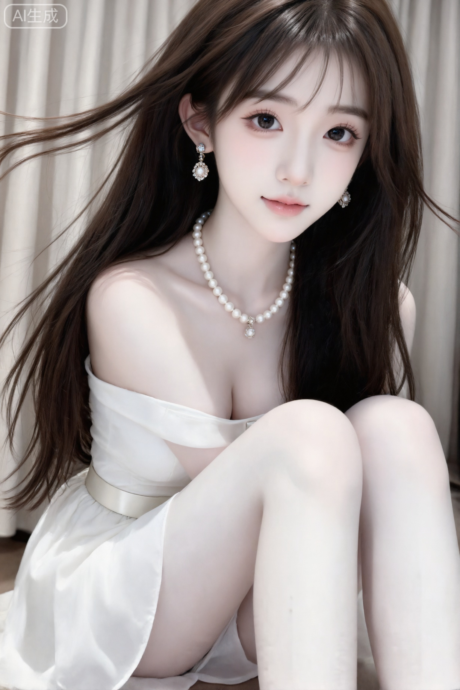 Masterpiece, best picture quality, high quality, (black hair: 1.4), (extra long legs: 1.3), (smooth white thighs: 1.4), (big breasts: 1.4), (beautiful face: 1.4), impressive body, D cup, 1girl,
Real photography, Asian beautiful girl with long straight brown hair, wearing a pearl necklace and gorgeous earrings, wearing a white waist dress (with a white wide belt), with curtains in the background, the overall style is elegant and refined, full of retro and fashionable high-end atmosphere. Oblique composition, beautiful face, frontal shot, ultra-clear picture quality, exquisite makeup, exquisite accessories, cute makeup, gentle and generous, exquisite facial features, clear face, (movie-level surface light: 1.6), (ray tracing: 1.5), (smooth skin with cold white and comic texture: 1.7), (character has the best bones: 1.2), (internet face: 1.6) , perfect body, Morandi color matching, good-looking internet celebrity, INS style, childish face, 19-year-old girl with pointed chin, balanced proportions of three courts and five eyes, petite body, delicate porcelain supple skin, cold white skin, random makeup, random accessories, random movements, side light, light and messy hair, shot at random angles, overall there is a lot of uncertainty, but she looks good.
The style is sweet and girly, the atmosphere is lazy and playful, the oriental beauty, young and petite, a few strands of hair brushing her face, the beauty with cold white skin, pure lust style, fair skin, idol temperament, fairskin, elegant Jiangnan beauty, a bit sweet, white and translucent skin, cute expression, sweet atmosphere, delicate brushstrokes, unique charm of beauty, cute expression