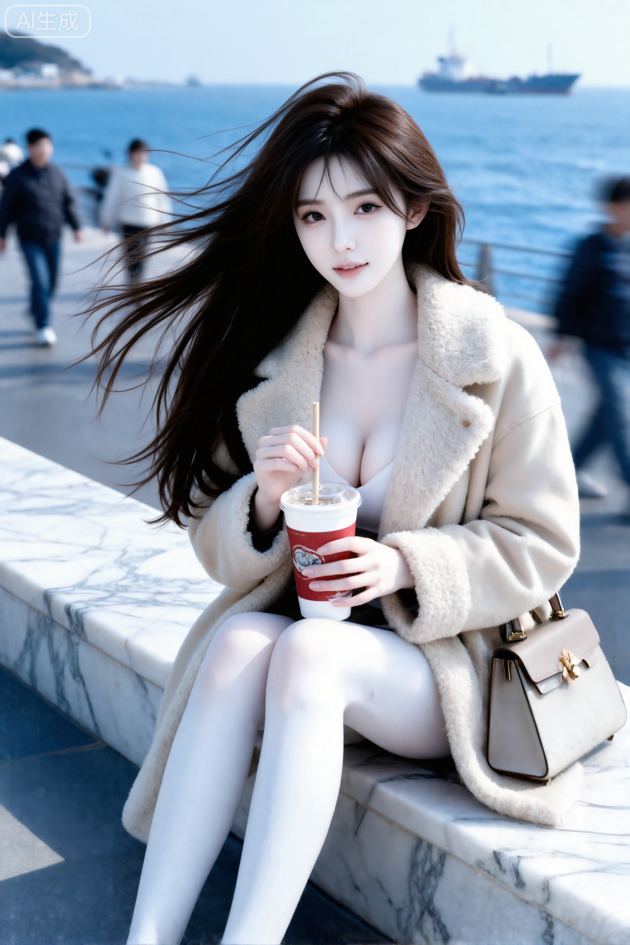 Masterpiece, best picture quality, high quality, (black hair: 1.4), (extra long legs: 1.3), (smooth white legs: 1.4), (big breasts: 1.4), (beautiful face: 1.4), impressive body, D cup, 1girl,
It is a commercial blockbuster with a dreamy movie feel, and the AI model function is exquisitely rendered. The seaside wilderness in the afternoon, with cool blue hazy tones, soft overexposure and delicate noise to enhance the atmosphere. Her long dark brown hair is messy and blowing in the wind. Side light and overhead light make her hair silky, and her cold white skin is as transparent as jade. The beige lambswool coat is loose and soft, paired with a luxurious handbag. She sat on a marble pier, holding an iced American paper cup and a kraft paper straw, and looked playfully at the camera. The background is dynamically blurred, pedestrians and vehicles are flowing, and ships in the distance are hazy. Summer atmosphere, daily snapshots, poetic freeze-frames. Proud figure, D cup, full beauty