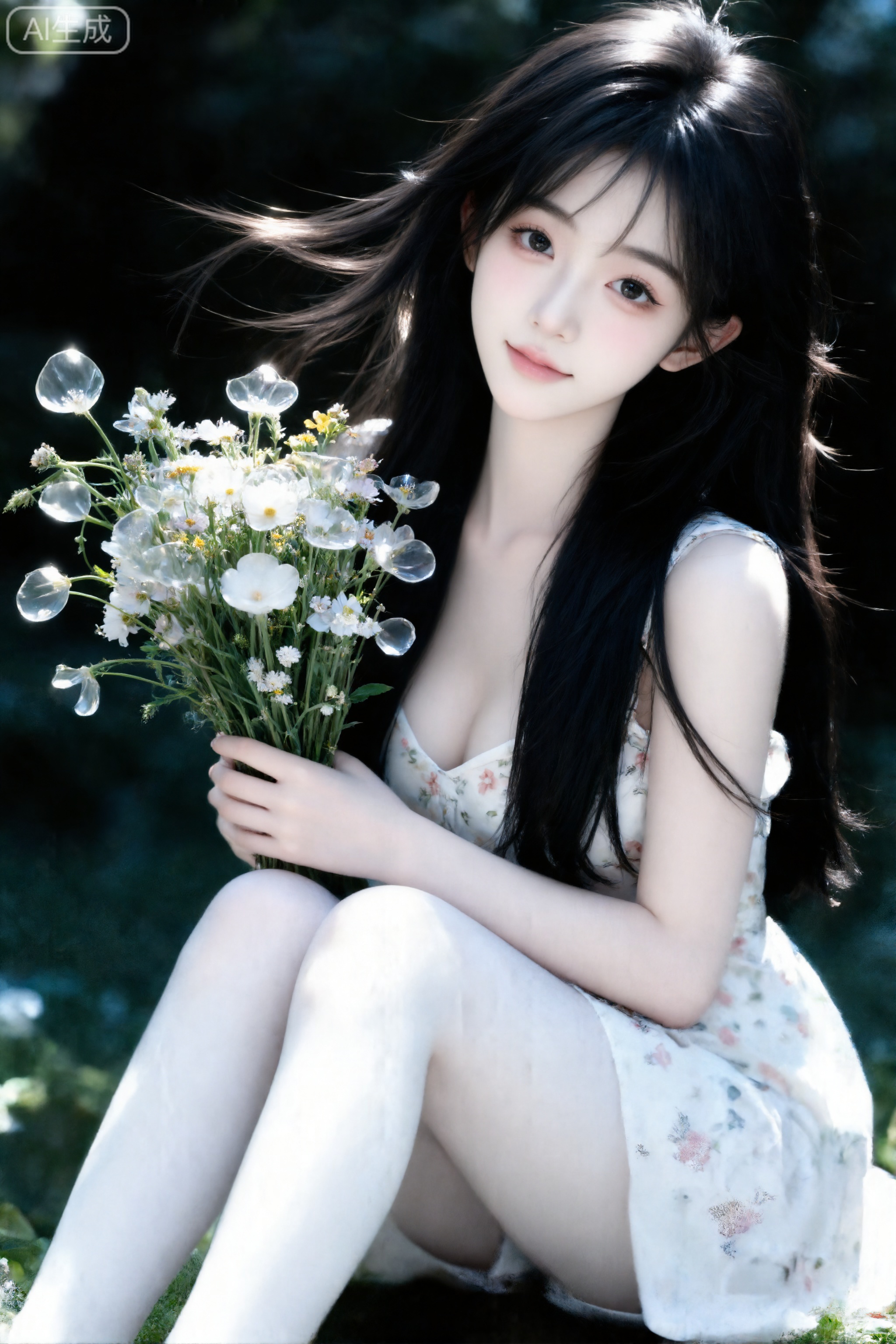 Masterpiece, best picture quality, high quality, (black hair: 1.4), (extra long legs: 1.3), (smooth white thighs: 1.4), (big breasts: 1.4), (beautiful face: 1.4), impressive body, D cup, 1girl,
In the picture, (movie-level face light: 1.6), (ray tracing: 1.5), (smooth skin with cold white skin and comic texture: 1.7), (character has the best bones: 1.2), (internet face: 1.6), perfect figure, Morandi color matching, high-looking Internet celebrity, INS style, Childish face, a 19-year-old girl with a pointed chin, well-proportioned three courts and five eyes, petite body, delicate porcelain supple skin, cold white skin, random makeup, random accessories, random movements, side light, light and messy hair, shot at random angles, overall there is a lot of uncertainty, but it looks good.
The style is sweet and girly, the atmosphere is lazy and playful, the oriental beauty, long and straight black, young and petite, the hair shows a natural fluffy and drapey feeling, the long hair is scattered on both sides of the shoulders, a few strands of hair are brushing the face, the beauty with cold white skin temperament, Weiwei is pure and lustful, fair skin, idol temperament, fairskin, a Jiangnan beauty with a temperament, a bit sweet Beautiful, white and translucent skin, cute expression, sweet atmosphere, delicate brushwork, unique charm of beauty, cute expression. A beautiful girl is wearing a white floral dress, holding a large bouquet of wild flowers in her arms. The petals become transparent under the strong sunlight. Rembrandt light is used to illuminate, creating a unique light and shadow effect, creating a beautiful and dreamy atmosphere.