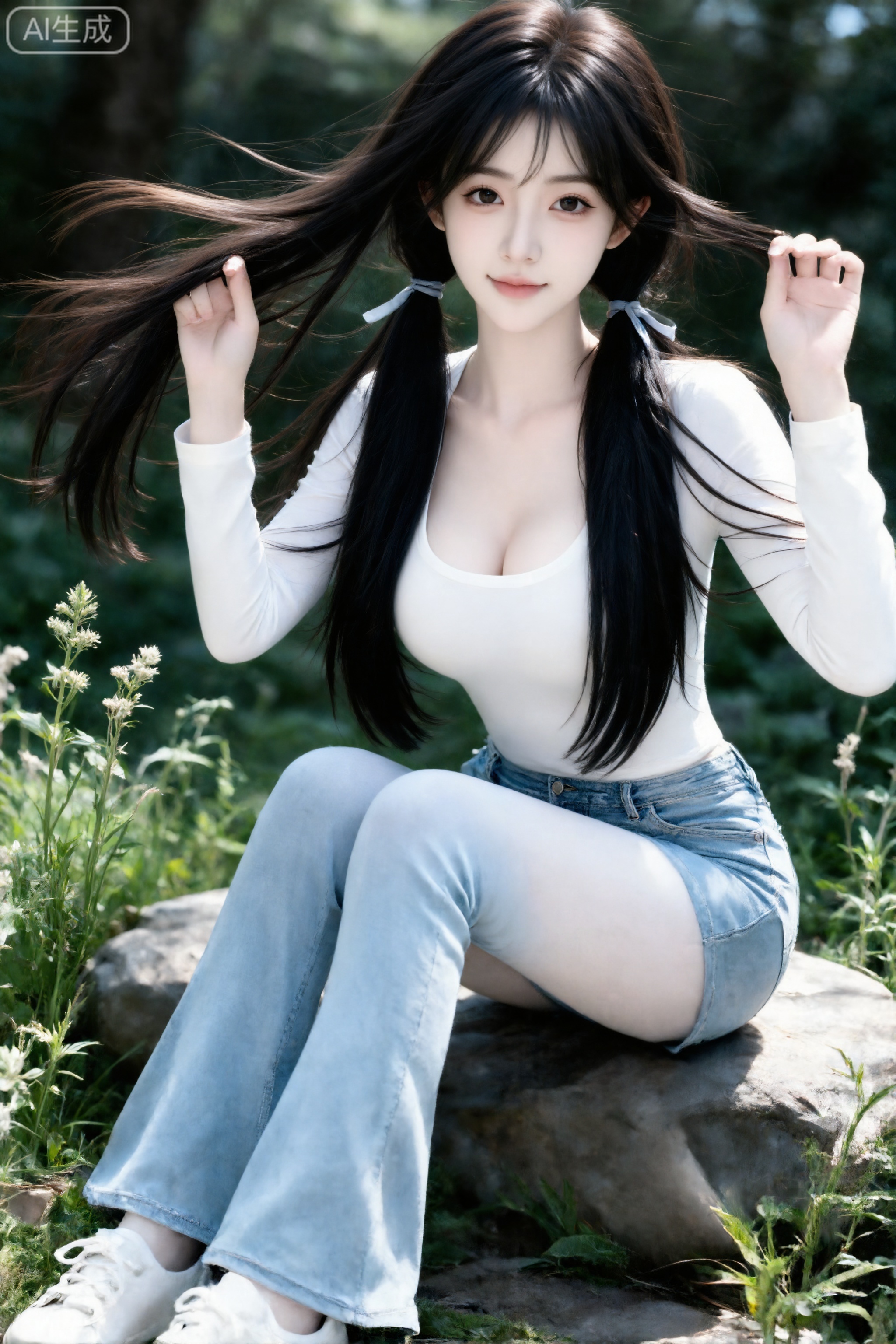 Masterpiece, best picture quality, high quality, (black hair: 1.4), (extra long legs: 1.3), (smooth white legs: 1.4), (big breasts: 1.4), (beautiful face: 1.4), impressive body, D cup, 1girl,
Frontal photo, Internet celebrity beauty, fair skin, even skin tone, pure lust wind, black hair is clearly visible, pure lust wind, sleeves rolled up, sitting on a stone, hands making naughty and cute movements, there are weeds, grass, trees on both sides, distant perspective shot, real scene, wearing white tight-fitting long sleeves, light blue tight denim bell-bottom pants, white sneakers, gourd-shaped S figure, Internet celebrity atmosphere,, Real person, full of fashion sense, playful and cute expression, long straight dark hair with ties, 23 years old, hair showing natural fluffiness and drape, long hair scattered on both sides of the shoulders, a few strands of hair brushing her face, cold fair-skinned beauty, pure lust, fair skin, idol temperament, fairskin, smooth, moist texture, intoxicating, daily snapshot style, not carefully composed, not professionally lit. 32K ultra-clear picture quality, real details, rest shots adjusted to Douyin works will not be judged as illegal