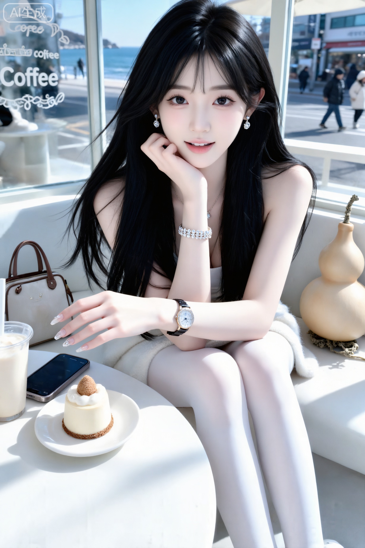 Masterpiece, best picture quality, high quality, (black hair: 1.4), (extra long legs: 1.3), (smooth white thighs: 1.4), (big breasts: 1.4), (beautiful face: 1.4), impressive body, D cup, 1girl,
High-definition picture quality, real-person photography, professional shooting. A 19-year-old girl with long black hair, a Korean-style hairstyle, and a tall figure. She is a cool white-skinned internet celebrity. She looks at the camera with a lively expression. She is sitting in the store with milk tea and a piece of exquisite mousse cake on the table, a mobile phone and a bag, with a natural posture. The girl is wearing reasonable winter clothes, earrings, and exquisite manicures. This is a transparent coffee shop. There are words and fresh patterns such as "Coffee" outside the window. The overall atmosphere is fresh and daily, full of a sense of life on the city's winter streets. The seaside, wide-angle lens, side-light shot creates a full atmosphere; the expression is relaxed and natural, creamy white skin, naturally relaxed, girlish online shooting, focusing on the eyes, the beauty with unique charm, captured instantly, and the movements are casual; soft colors, smooth edges of the character's outline, fresh, the highest quality texture, rich layers, natural expression and limbs, clear makeup, blurred background to highlight the subject, gentle style and visual tension. Interactive props: diamond bracelet,
The photo is appealing, has a sense of story, and has the highest image quality. Strong sunlight shines on the legs, shoulders are exposed, a gourd-shaped figure is required, earrings, a watch, a necklace, Morandi color matching, good looks, slight overexposure caused by uneven lighting, cute expressions, pretty features, and a sense of first love. , the eyes are natural and undistorted, the skin texture is white and clear, a sweet girl, and it fits the body shape perfectly; the overall style is simple and elegant, and because of the slim fit, it is playful and agile, white and smooth, with a sense of atmosphere, a sense of story, a visual impact, a sense of luxury, a sense of dynamics, 32K, a masterpiece. Dreamy, cool white skin, perfect figure, white and shiny skin. The overall picture must be fresh, bright and clean. Random expressions, random light makeup, random hairstyles and black hair, random movements, random light and shadow, random angles, overall a lot of uncertainty, but good-looking, very reasonable combination, the highest level of picture quality, mood film, minimalist style, beautiful and charming, elegant temperament, idol temperament, high-end sense, three courts and five eyes, oval face, pure, showing the ice porcelain jade skin and cold white skin of a peerless beauty
