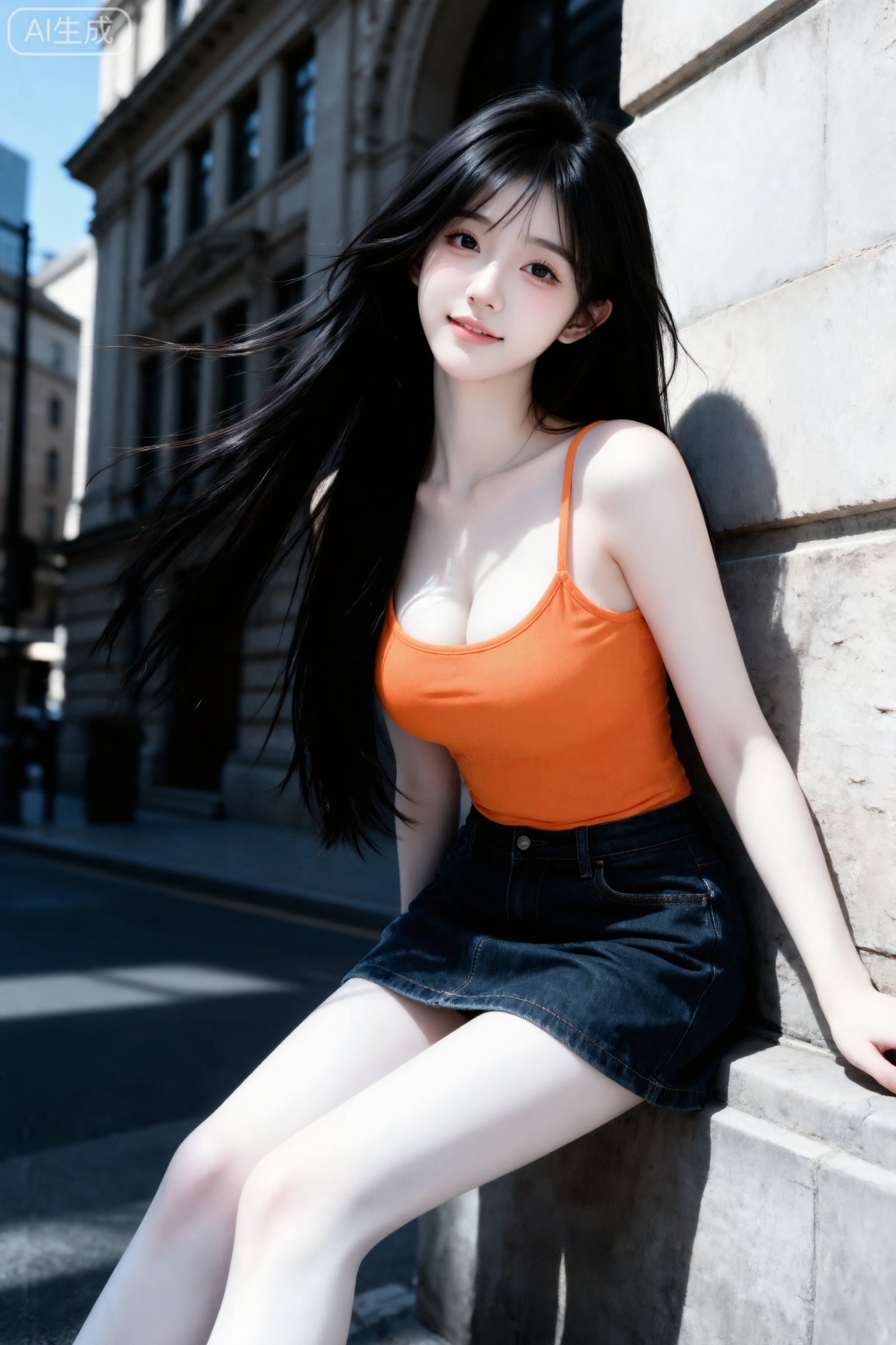 Masterpiece, best picture quality, high quality, (black hair: 1.4), (extra long legs: 1.3), (smooth white thighs: 1.4), (big breasts: 1.4), (beautiful face: 1.4), impressive body, D cup, 1girl,
Real photography, Asian beautiful girl Weiwei, wearing an orange camisole and dark denim skirt, leaning against the stone wall of an urban building; the sun shines from the side to form a halo, and the background is the building facade and the street. The overall style is urban literature and art, full of an atmosphere of interlaced light and shadow, tilted composition, (movie-level surface light: 1.6), (ray tracing: 1.5), (cold white and smooth skin with romantic texture: 1.7), (the character has the most Good bone appearance: 1.2), (Internet face: 1.6), perfect body, Morandi color matching, good-looking Internet celebrity, INS style, childish face, 19-year-old girl with pointed chin, balanced proportion of three courts and five eyes, petite body, delicate porcelain supple skin, cool white skin, random makeup, random accessories, random movements, side light, light and messy hair, shot at random angles, overall there is a lot of uncertainty, but it looks good.
The style is sweet and girly, the atmosphere is lazy and playful, an oriental beauty, long and straight black hair, young and petite, the hair shows natural fluffiness and drape, the long hair is scattered on both sides of the shoulders, a few strands of hair are brushing the face, the beauty with cold white skin, Weiwei pure lust, hourglass figure, C Cup, fair skin, idol temperament, fairskin, elegant Jiangnan beauty, a bit sweet, white and translucent skin, cute expression, sweet atmosphere, delicate brushstrokes, unique charm of beauty, cute expression