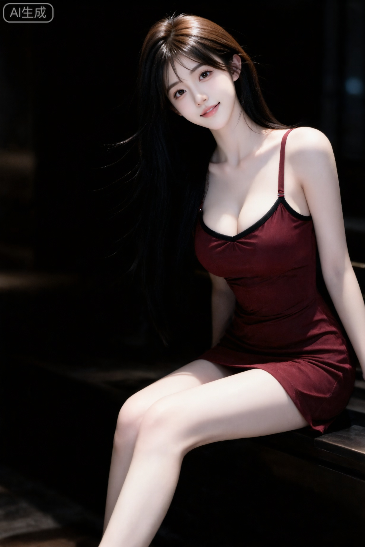 Masterpiece, best picture quality, high quality, (black hair: 1.4), (extra long legs: 1.3), (smooth white thighs: 1.4), (big breasts: 1.4), (beautiful face: 1.4), impressive body, D cup, 1girl,一个女孩,年轻女性,棕色长发（自然垂落,有光泽感）,身穿酒红色吊带连衣裙（领口有黑色镶边）,表情俏皮可爱黑长直深色长发系带束缚,年轻娇小,发丝呈现出自然的蓬松感与垂坠感,长发散落于肩头两侧,几缕发丝拂面,冷白皮气质美女,纯欲风,皮肤白皙,偶像气质,fairskin,光滑,水润质感,陶醉,,,背景为室内环境（偏暗色调）,写实风格,近景,时尚、优雅、明艳氛围 。