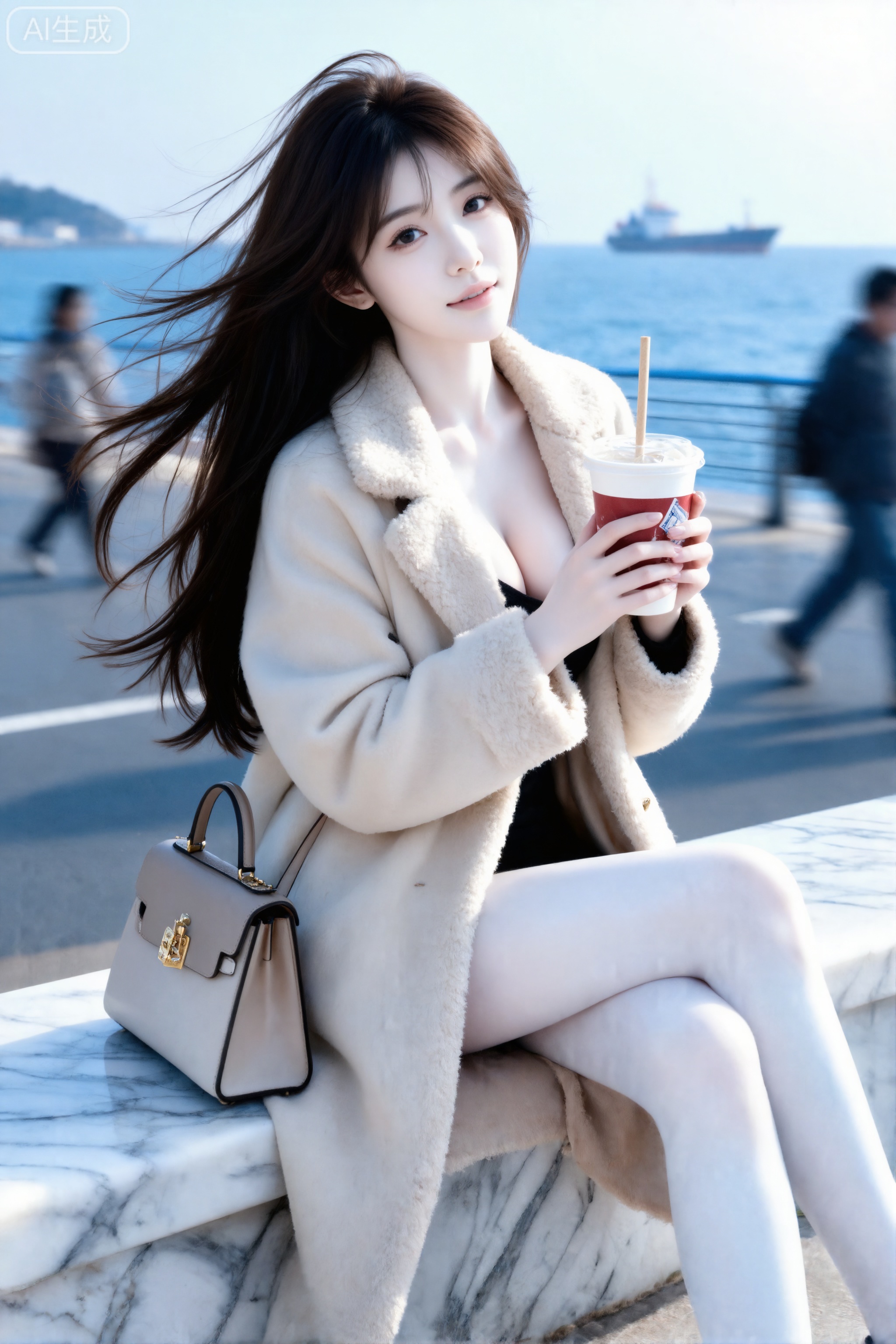 Masterpiece, best picture quality, high quality, (black hair: 1.4), (extra long legs: 1.3), (smooth white legs: 1.4), (big breasts: 1.4), (beautiful face: 1.4), impressive body, D cup, 1girl,
It is a commercial blockbuster with a dreamy movie feel, and the AI model function is exquisitely rendered. The seaside wilderness in the afternoon, with cool blue hazy tones, soft overexposure and delicate noise to enhance the atmosphere. Her long dark brown hair is messy and blowing in the wind. Side light and overhead light make her hair silky, and her cold white skin is as transparent as jade. The beige lambswool coat is loose and soft, paired with a luxurious handbag. She sat on a marble pier, holding an iced American paper cup and a kraft paper straw, and looked playfully at the camera. The background is dynamically blurred, pedestrians and vehicles are flowing, and ships in the distance are hazy. Summer atmosphere, daily snapshots, poetic freeze-frames. Proud figure, D cup, full beauty