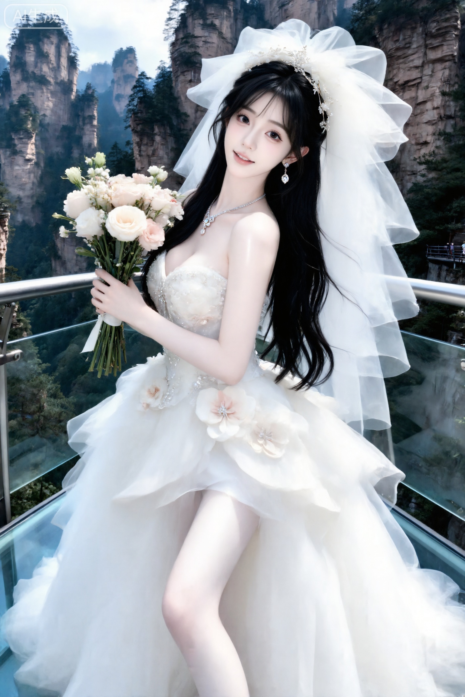Masterpiece, best picture quality, high quality, (black hair: 1.4), (extra long legs: 1.3), (smooth white thighs: 1.4), (big breasts: 1.4), (beautiful face: 1.4), impressive body, D cup, 1girl,一个女孩,冷白皮,水光肌,皮肤剔透,鹅蛋脸,冷白皮,飘逸灵动发饰,鬓边碎发,戴着名贵珠宝,飘逸长发,可爱灵动,戴超大蓬松头纱,既端庄又不失娇俏～,身穿花洁白婚纱,衣服质感上乘层次分明,轻盈感觉呈现,张家界山天门山千大峡谷玻璃桥背景前,做可爱动作,单手抱鲜花,湛佳琳ccd拍摄,因快门速度不足导致运动模糊,构图随意充满生活气息,光影突出人物主体,清新自然风格,特写,简洁明快氛围,构图平衡,半身照,气色水润嘴巴