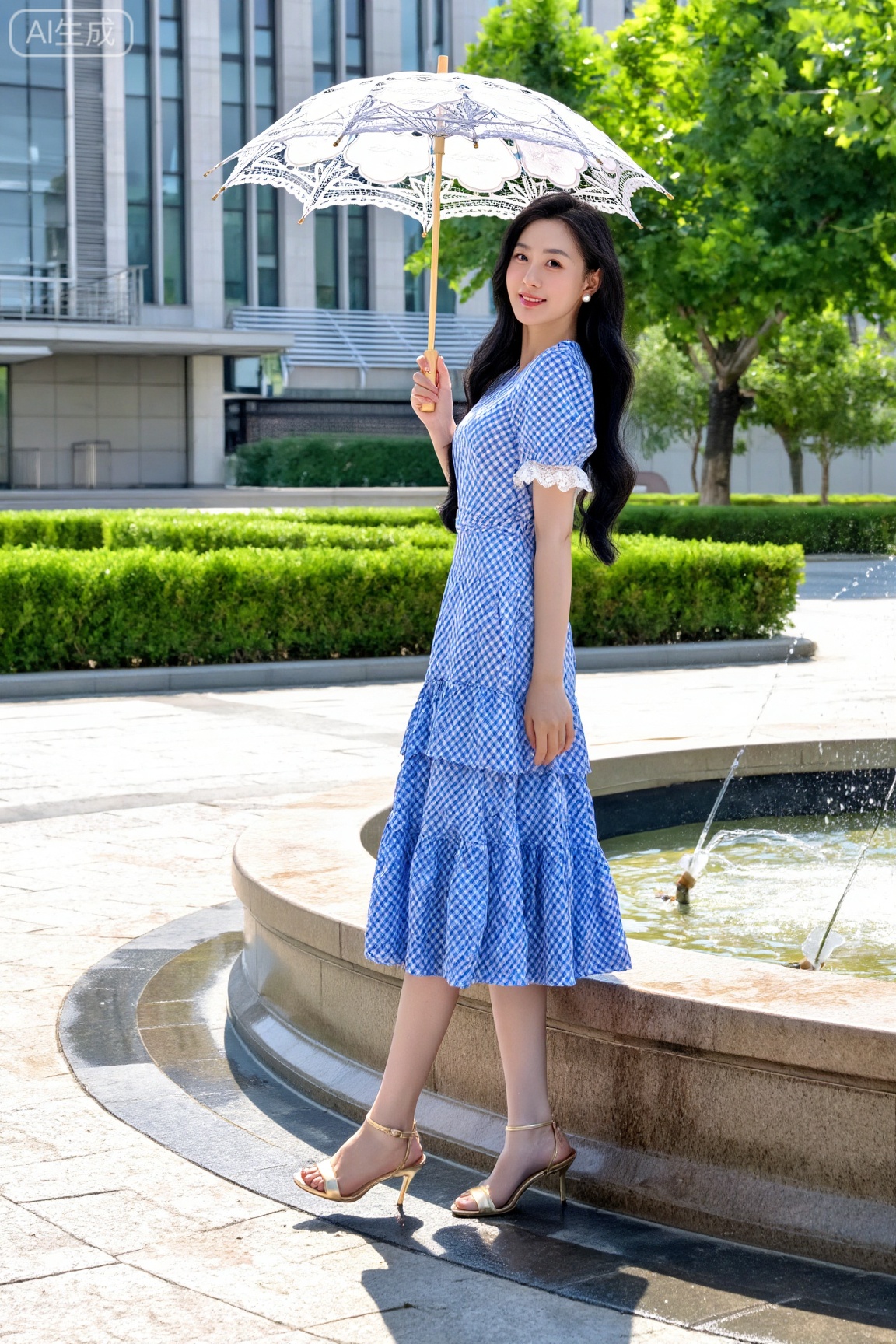 主体描述：一位年约二十四岁的东亚女性,侧身站立,身体微转面向镜头,右臂弯曲撑持伞柄,左臂自然垂落,嘴角呈轻浅笑意,眼神明亮舒展,长发呈深黑色波浪状垂至腰际。
穿着：身着蓝白小格纹棉质收腰连衣裙,裙摆呈多层A字中长款,袖口为蕾丝花边短袖；脚穿浅金色细高跟凉鞋,耳间佩戴珍珠耳钉；手持一把白色镂空蕾丝装饰的木质伞柄遮阳伞。
互动细节：右手稳定握住伞柄,伞面倾斜遮挡头顶阳光,身体轻靠于喷泉边缘,右脚脚尖微抬,姿态松弛自然。
场景：夏季晴朗午后的城市户外广场,背景是现代风格建筑外立面,周边有修剪整齐的绿篱与茂密的阔叶树木,地面为石砖铺就,旁侧喷泉正轻量出水。
氛围：清新明亮,裹挟着夏风与草木的清爽气息,整体节奏轻快悠然。
灯光：强烈的自然日光从右上方照射,在地面与人物身上形成清晰的明暗对比,伞缘与裙摆处有柔和高光,阴影边缘干净利落。
后期处理：参考日系清新写真风格,色彩明亮通透,强化布料纹理与植物鲜绿感,添加轻微胶片颗粒,动态范围适中以保留高光细节。
质量保证：需排除肢体比例失调、蕾丝纹理模糊、伞骨结构错乱、背景文字变形、喷泉水流不自然等瑕疵,确保衣物褶皱与光影衔接自然。