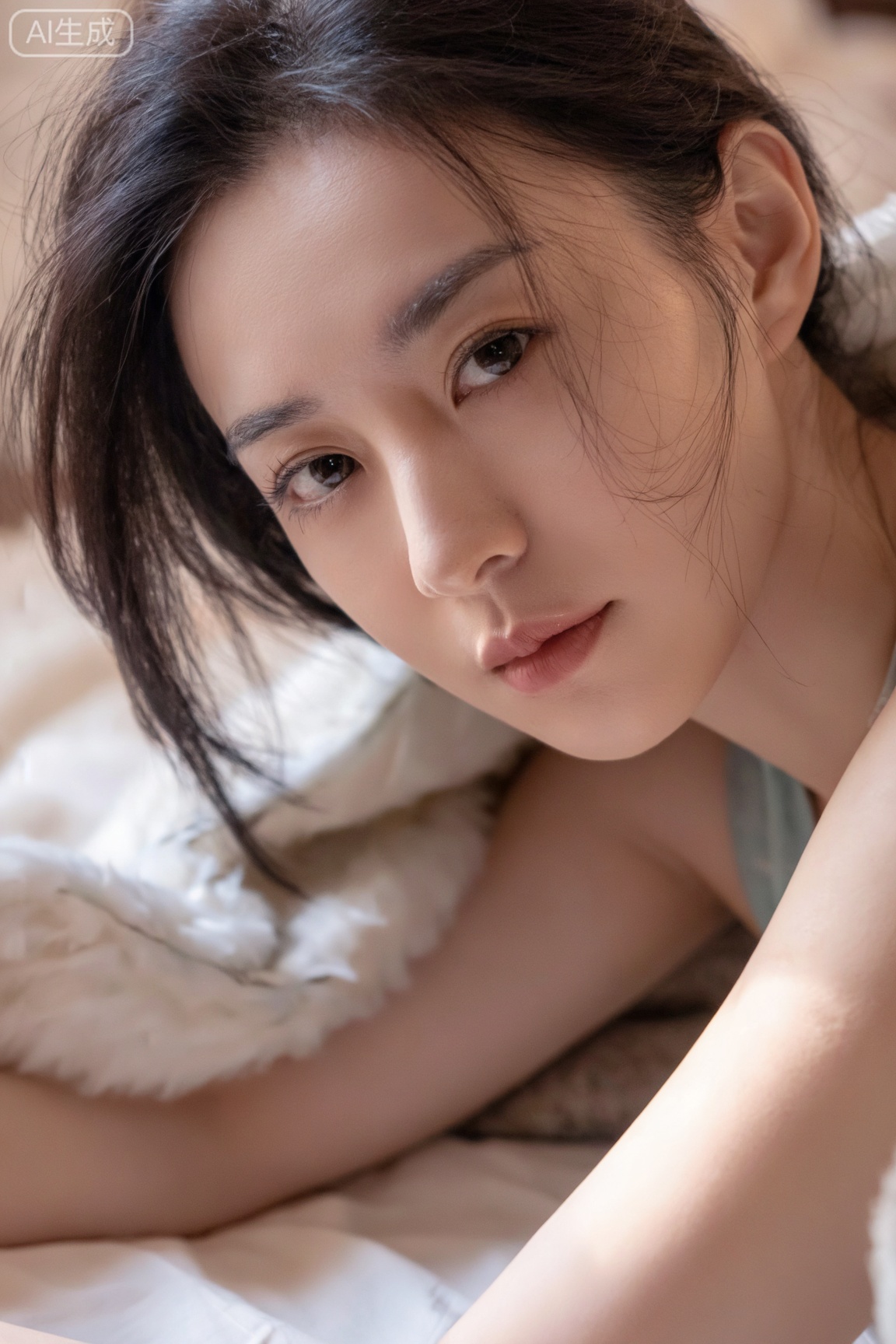 一幅如梦似幻的私密肖像照：一位容貌精致、形象写实的亚裔女性躺在毛毯下,柔和的自然光线洒落,背景是温馨舒适的卧室。画面带有电影感颗粒质感,呈现35 毫米胶片的美学风格,采用浅景深与柔焦效果,清晰展现细腻的肌肤纹理。人物妆容自然,头发略带凌乱,整体色调为柔和温暖的马卡龙色系,光线真实自然,还带有淡淡的朦胧感,营造出轻柔舒缓的氛围。（由佩特拉・科林斯与任航风格创作）