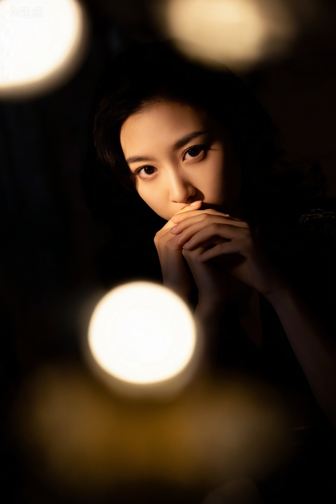 繁花风格写真,女性,女性,这张女性情感类写真充满了神秘且深邃的氛围,
光影效果：画面运用了强烈的明暗对比,大部分区域处于暗调之中,仅通过柔和的光线照亮人物的脸部和手部,营造出一种神秘而专注的感觉,光线的运用巧妙地勾勒出人物的轮廓,让观者的目光集中在她的神情与动作上,
人物姿态与神情：女性双手交叠置于嘴边,眼神直直地看向镜头,目光中似乎藏着许多未说出口的心事,透露出一丝沉静,专注,甚至还带有一点点迷茫或期待,给人以强烈的情感冲击,让人不禁想要探究她内心的世界,
背景处理：前景有模糊的光斑,形成了漂亮的虚化效果（bokeh),增添了画面的梦幻感与艺术感,同时也与背景的暗调形成对比,进一步突出人物主体,使得整个画面层次更加丰富,
摄影风格：整体摄影风格偏向于情绪摄影,通过光影,姿态,神情的巧妙结合,精准地捕捉并传递出一种细腻且复杂的情感,能够让观者产生共鸣,沉浸在画面所营造的情绪氛围之中,