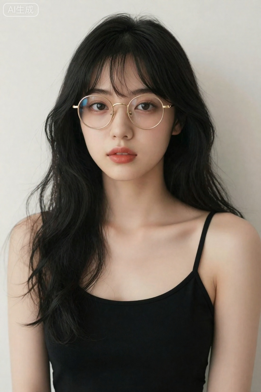 OBbllai,
A young woman with long

wavy black hair and soft bangs gazes directly at the viewer

her expression calm and composed. She wears thin

round gold-rimmed glasses that frame her dark brown eyes

which reflect subtle light. Her lips are tinted a muted coral shade

and her skin appears smooth with a natural

warm tone. She is dressed in a black spaghetti-strap top

the fabric matte and simple

contrasting with the gentle sheen of her hair and the metallic glint of the glasses. The background is a plain

off-white wall

evenly lit with soft

diffused light that minimizes shadows and highlights the contours of her face and shoulders. The overall mood is serene and introspective

emphasizing quiet elegance and understated sophistication.

