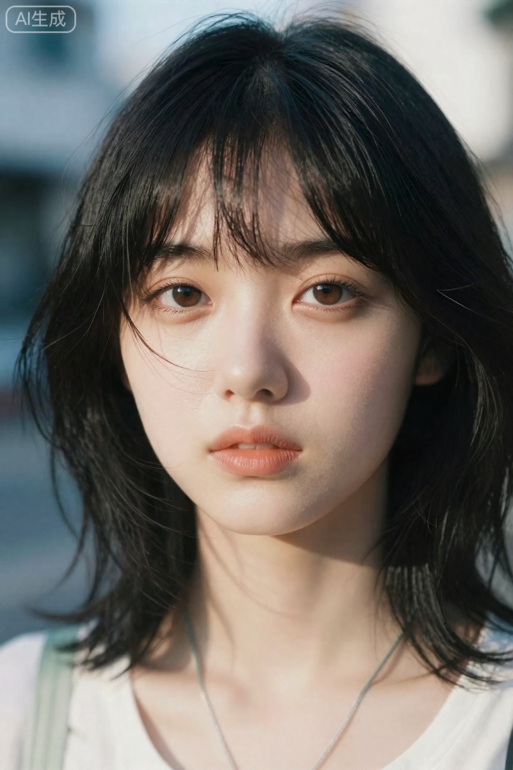 OBbllai,
A young woman with shoulder-length black hair and soft bangs gazes directly at the viewer

her face illuminated by warm

directional sunlight that casts gentle shadows across her features. Her brown eyes are clear and centered

framed by delicate lashes

while her lips bear a subtle peachy tint. Strands of hair catch the light

appearing slightly tousled as if moved by a breeze. She wears a thin silver necklace and a faint green cord around her neck

visible against her pale skin and a light-colored top. The background is softly blurred in cool tones of blue and white

suggesting an outdoor setting under bright daylight. The composition emphasizes intimacy and quiet contemplation through close framing and natural lighting.

