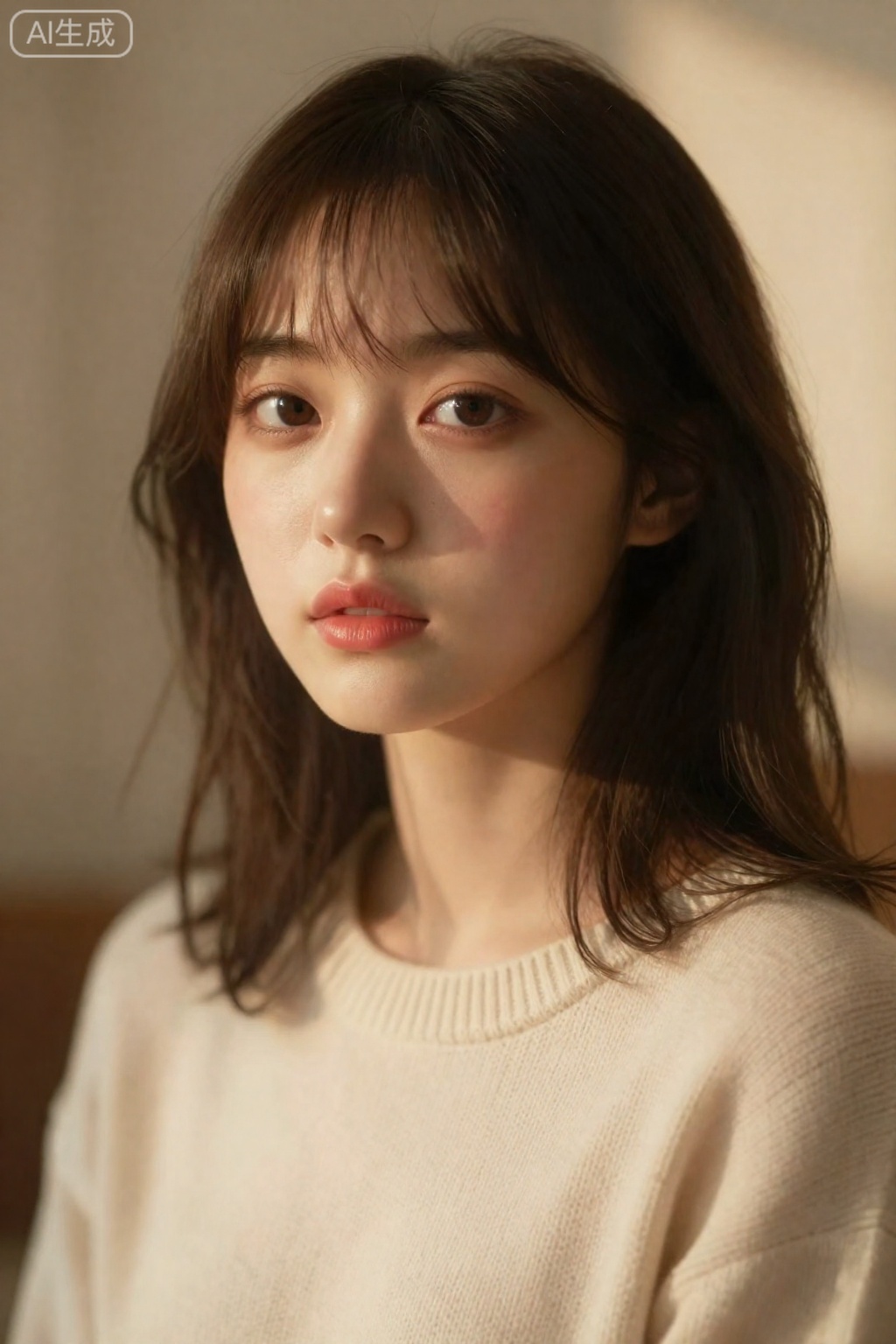 OBbllai,
A young woman with shoulder-length dark brown hair and soft bangs gazes directly at the viewer

her expression calm and contemplative. Warm

diffused light illuminates her face from the left

casting gentle shadows that accentuate her features and create a soft glow on her skin. She wears a cream-colored knitted sweater with a visible ribbed texture around the neckline. Her eyes are large and brown

lips subtly tinted pink

and her complexion appears smooth. The background is softly blurred in warm golden and beige tones

suggesting an indoor setting with natural light filtering through. The overall mood is serene and intimate

emphasized by the shallow depth of field and tender lighting.

