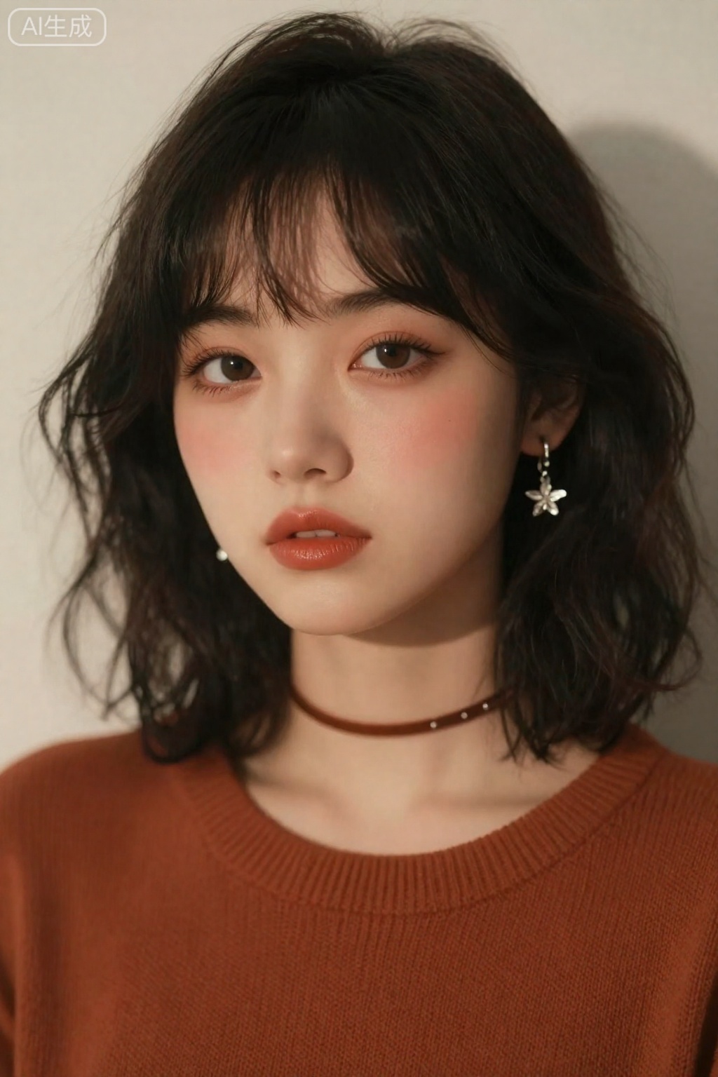 OBbllai,
A young woman with dark

wavy shoulder-length hair and bangs gazes directly at the viewer

her expression calm and introspective. Soft

warm lighting illuminates her face from the front-left

casting a gentle shadow along the right side of her cheek and neck. Her makeup features subtle blush

defined brown eyes with delicate eyeliner

and glossy terracotta lips. She wears a rust-colored knit sweater

a thin choker with small metallic or beaded details

and a dangling earring with a floral or star-shaped silver element in her visible right ear. The background is a plain

light-toned wall

slightly out of focus

emphasizing her serene presence and the intimate

softly textured aesthetic of the portrait.

