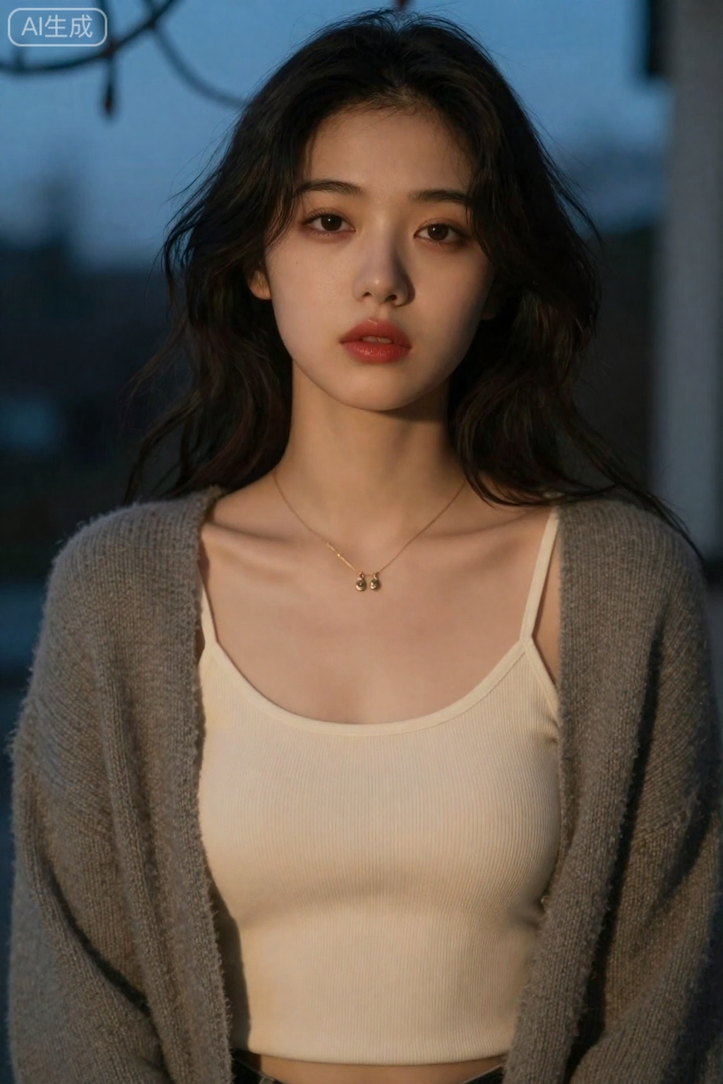 OBbllai,
A young woman with dark

wavy hair framing her face gazes directly at the viewer

her expression calm and introspective. She wears a cream-colored ribbed camisole under a loose

textured gray knit cardigan draped off her shoulders. A delicate gold necklace with two small pendants rests against her collarbone. Soft

warm light illuminates her features from the front

contrasting with the cool blue twilight in the blurred background

where faint silhouettes of bare tree branches and a building edge are visible. Her lips are tinted a muted red

and her skin appears smooth with subtle natural tones. The composition centers her torso and head

emphasizing quiet intimacy and gentle melancholy.

