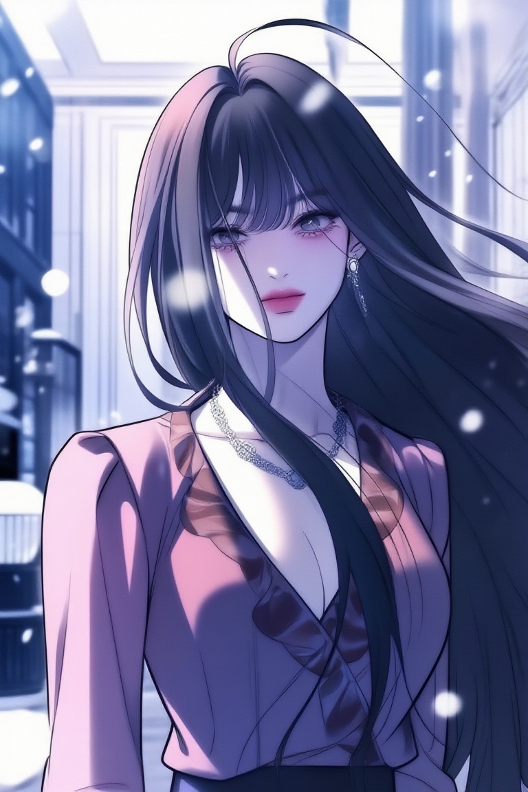 UndChaebolManhwa,  a woman is depicted wearing a luxurious blouse,  exuding elegant vibes. Her long-length hair with bangs...