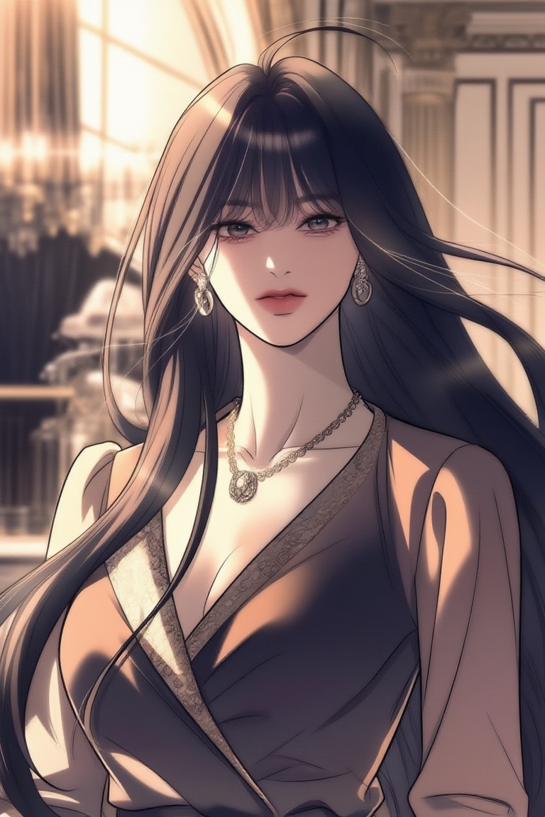 UndChaebolManhwa,  a woman is depicted wearing a luxurious blouse,  exuding elegant vibes. Her long-length hair with bangs...