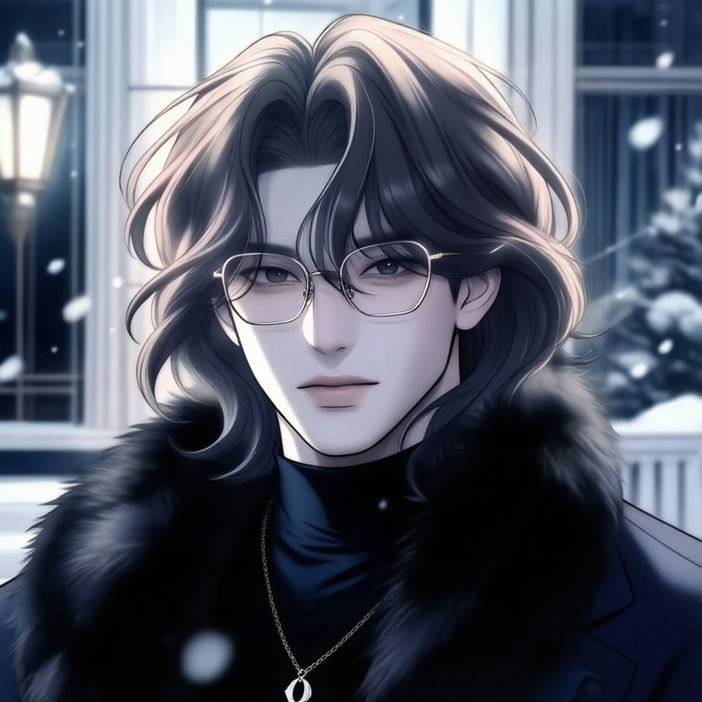 UndChaebolManhwa,  a man is depicted wearing glasses and a luxurious fur winter coat,  exuding elegant vibes. His wavy med...