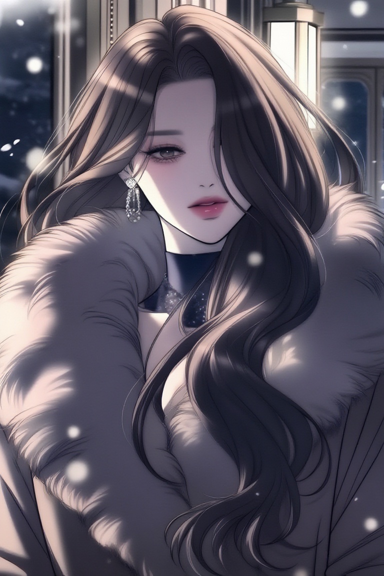 UndChaebolManhwa,  a woman is depicted wearing a luxurious fur winter coat,  exuding elegant vibes. Her wavy long-length h...