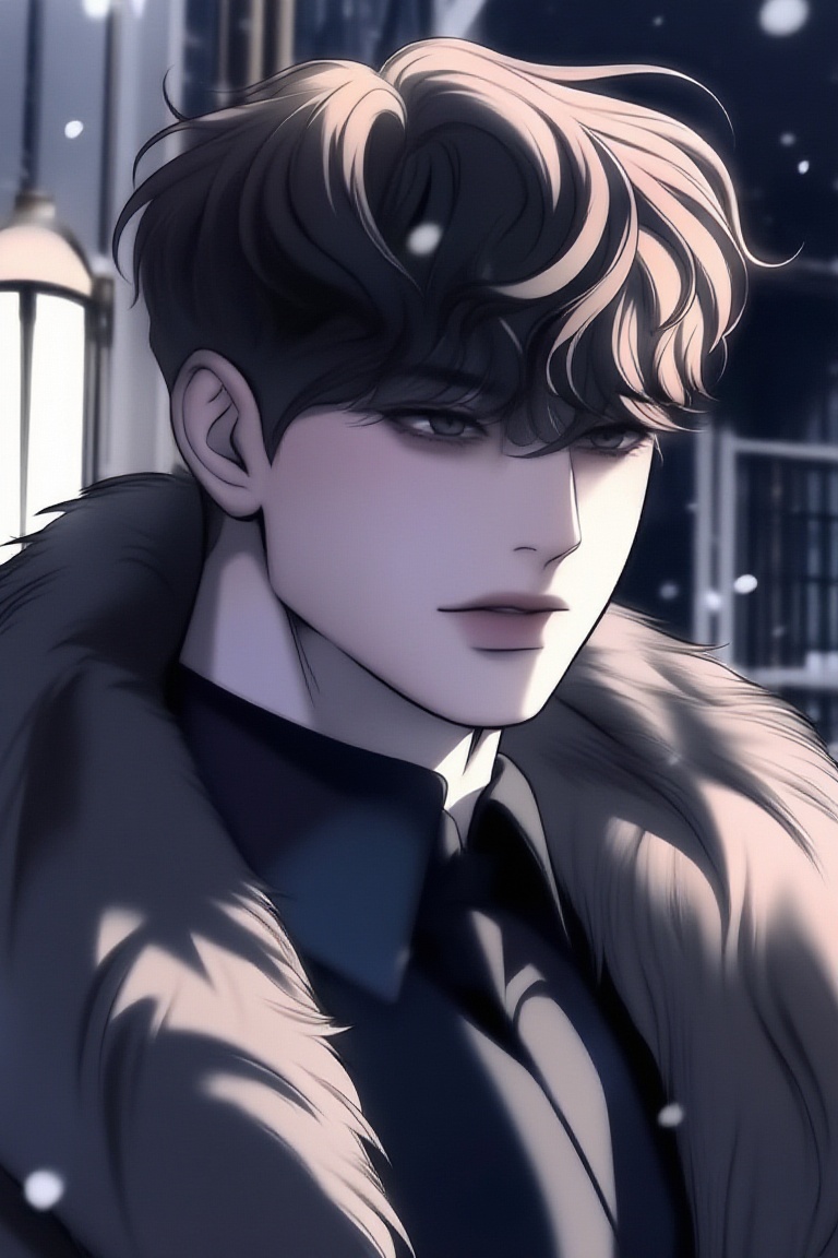 UndChaebolManhwa,  a man is depicted wearing a luxurious fur winter coat,  exuding elegant vibes. His wavy short-length ha...