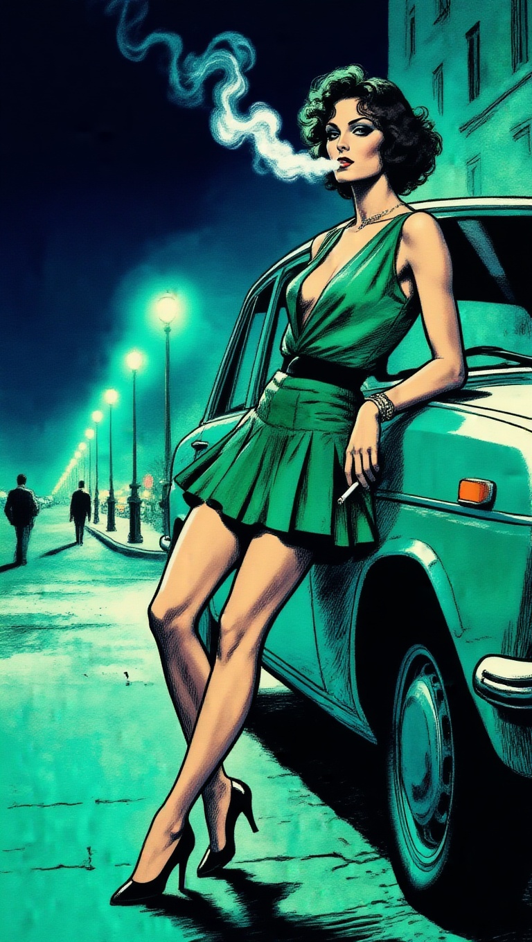 ek_m1ma_zib,  Milo Manara style,  a tall stylish ***** woman leaning against a car at night on Tensor.Art