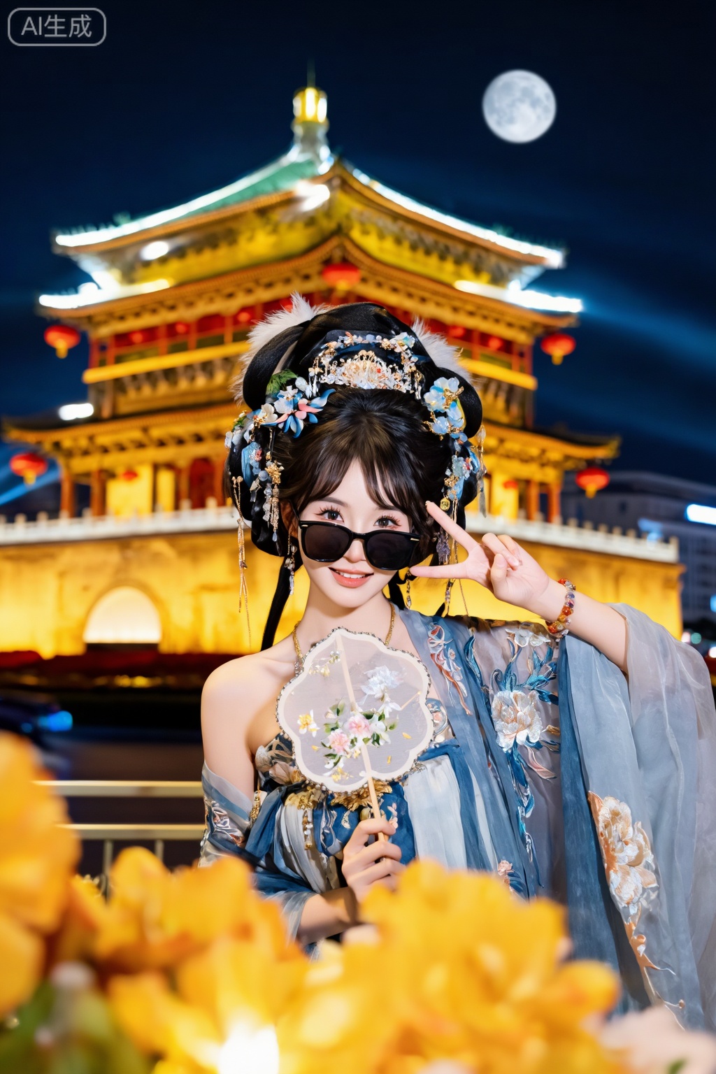 1girl,solo,upper body,Hair ornament,bare shoulder,jhzy,outdoors,flowers,medium breast,手持小团扇,娇羞可爱,夜长安,钟楼,月光,戴着黑色墨镜,另一只手对着镜头比耶,开心的笑容