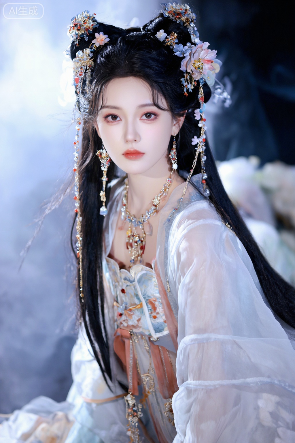 1girl, solo, long hair, looking at viewer, black hair, hair ornament, long sleeves, dress, jewelry, closed mouth, upper body, flower, earrings, hair flower, necklace, blurry background, chinese clothes