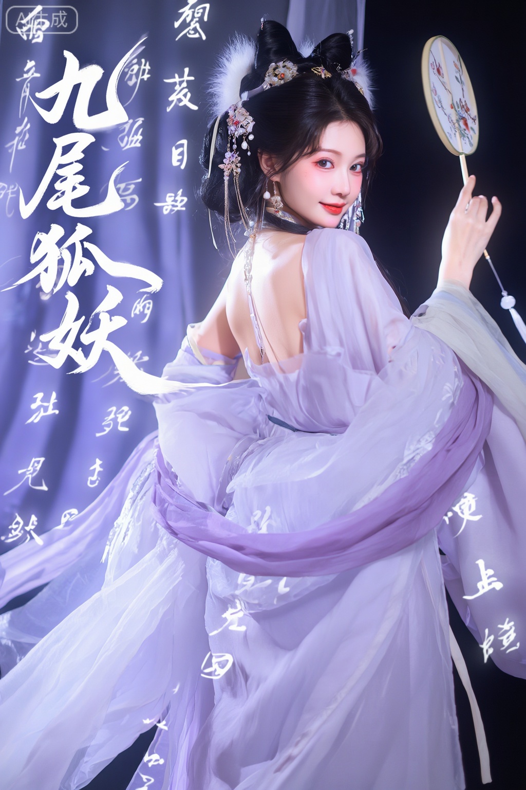 1girl,solo,hanfu,,Lavender Hanfu,九尾狐,文字悬浮效果,汉字,薄纱,jhzy,旁边用白色飘逸的毛笔字体写着“九尾狐妖”,注视着镜头,超现实主义背景,艺术摄影,手持一把小团扇,上半身照特写,侧背对观众,露出后背,回眸一笑