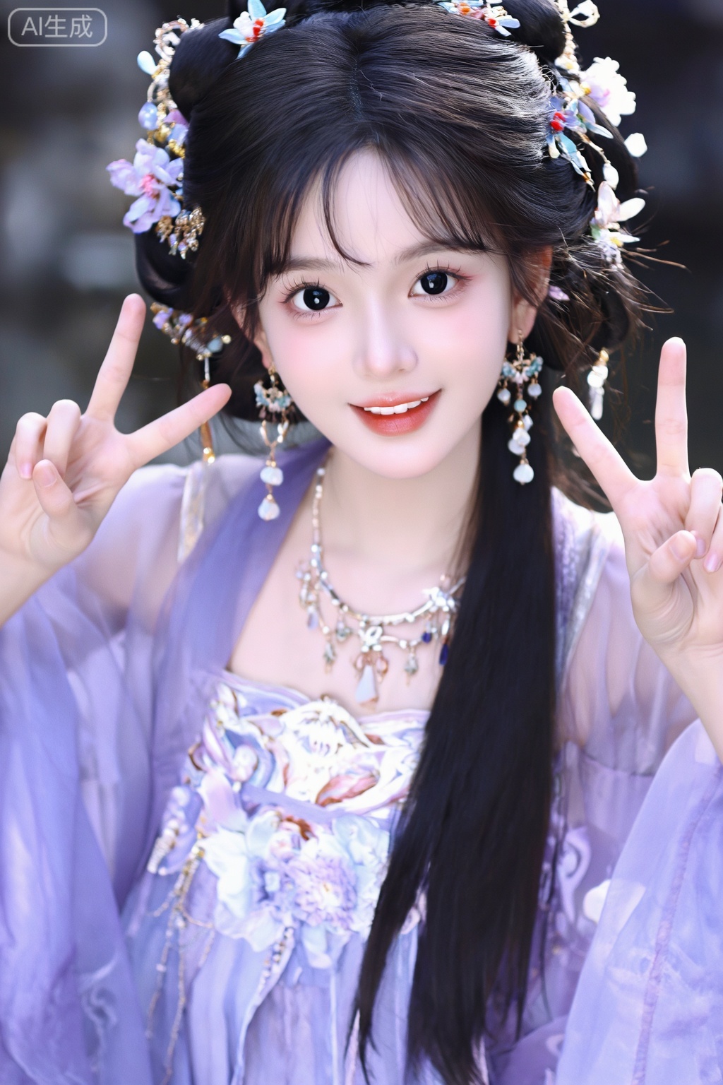 1girl, solo, long hair, looking at viewer, smile, black hair, hair ornament, dress, jewelry, upper body, flower, earrings, necklace, hair bun, black eyes, purple dress,双手比耶,开心,