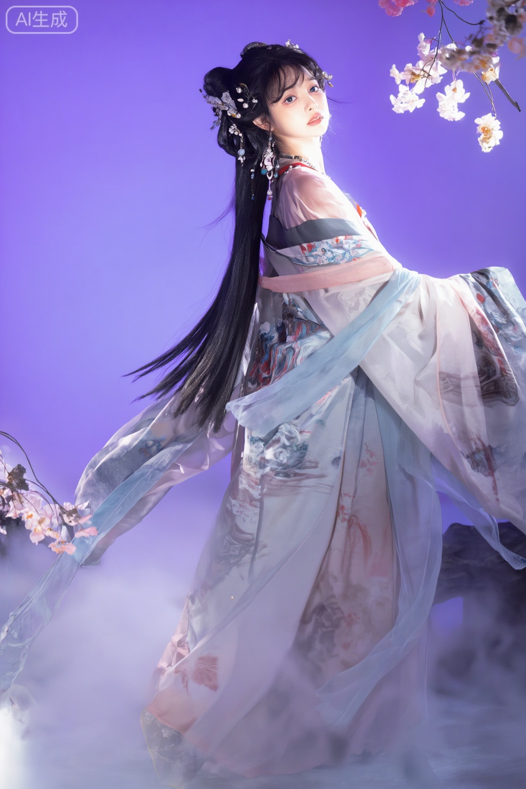 A girl, solo, long hair, black long hair, Hanfu, hair accessories, ornaments, printed Hanfu, beauty, wonderland, imagination, fog, surrealism,Solid color background, purple gradient background,flowers