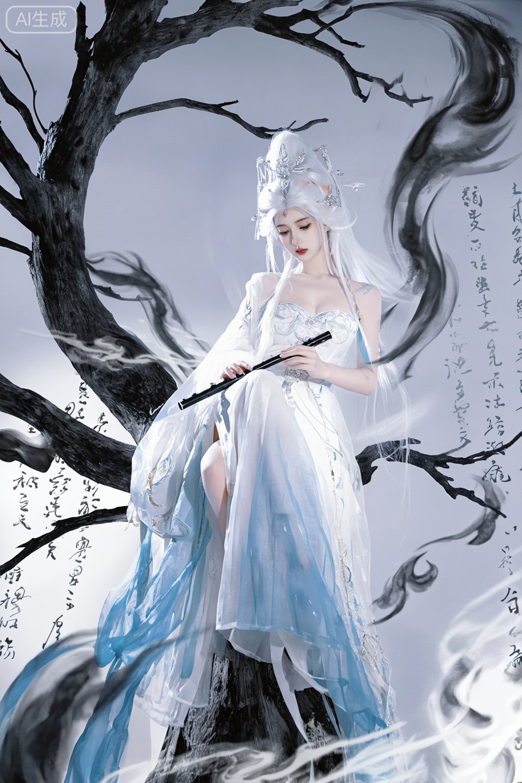 1girl, solo, long hair, hair ornament, dress, sitting, white hair,, white dress, tree, blue dress,,Flute, flute,hanfu,Ink and wash, Chinese characters,Surrealism, fantasy, smoke,