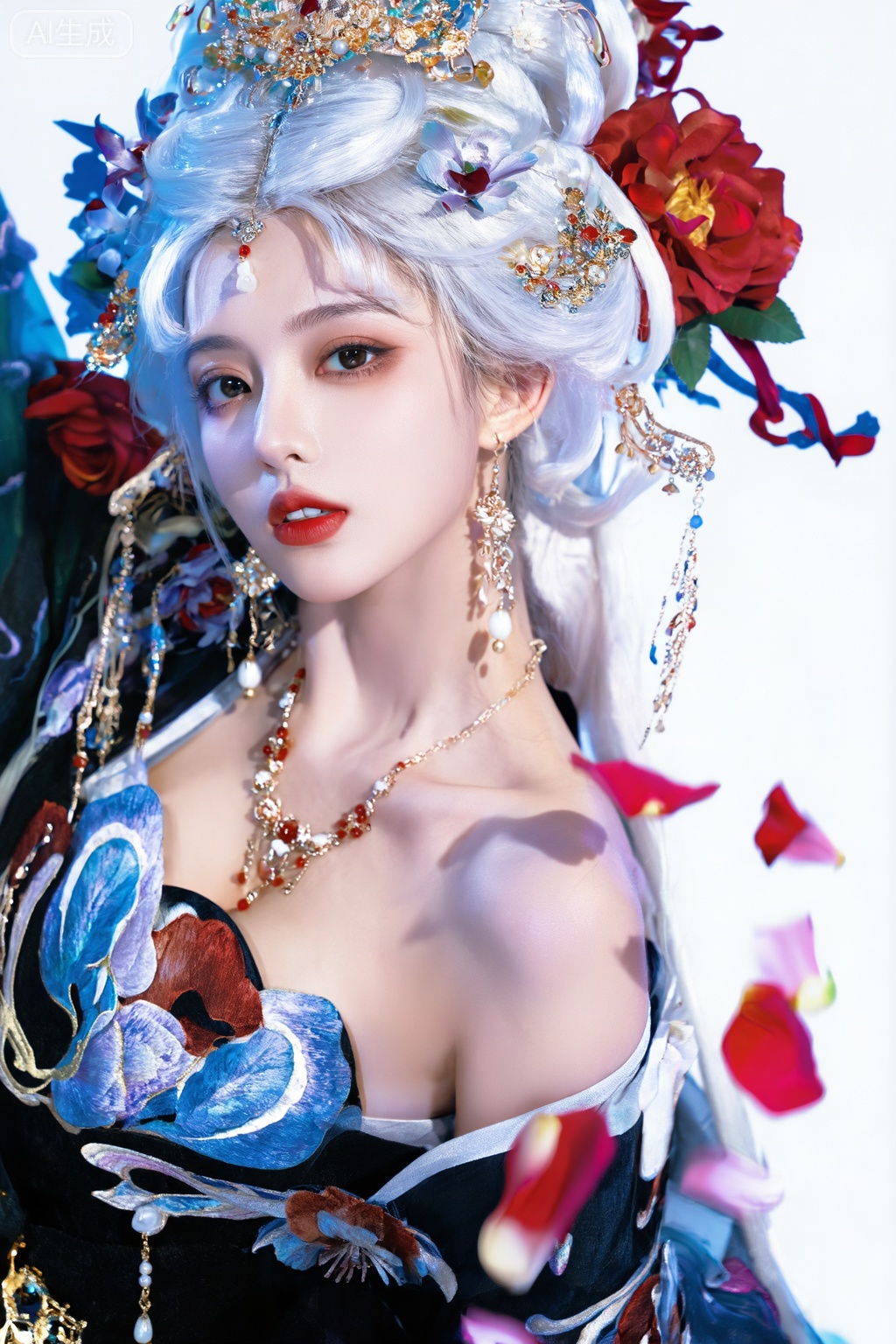 1girl, solo, breasts, looking at viewer, hair ornament, dress, jewelry, upper body, flower, white hair, earrings, parted lips, hair flower, from side, lips, petals, rose, chinese clothes, blue flower, red rose, red lips,white background