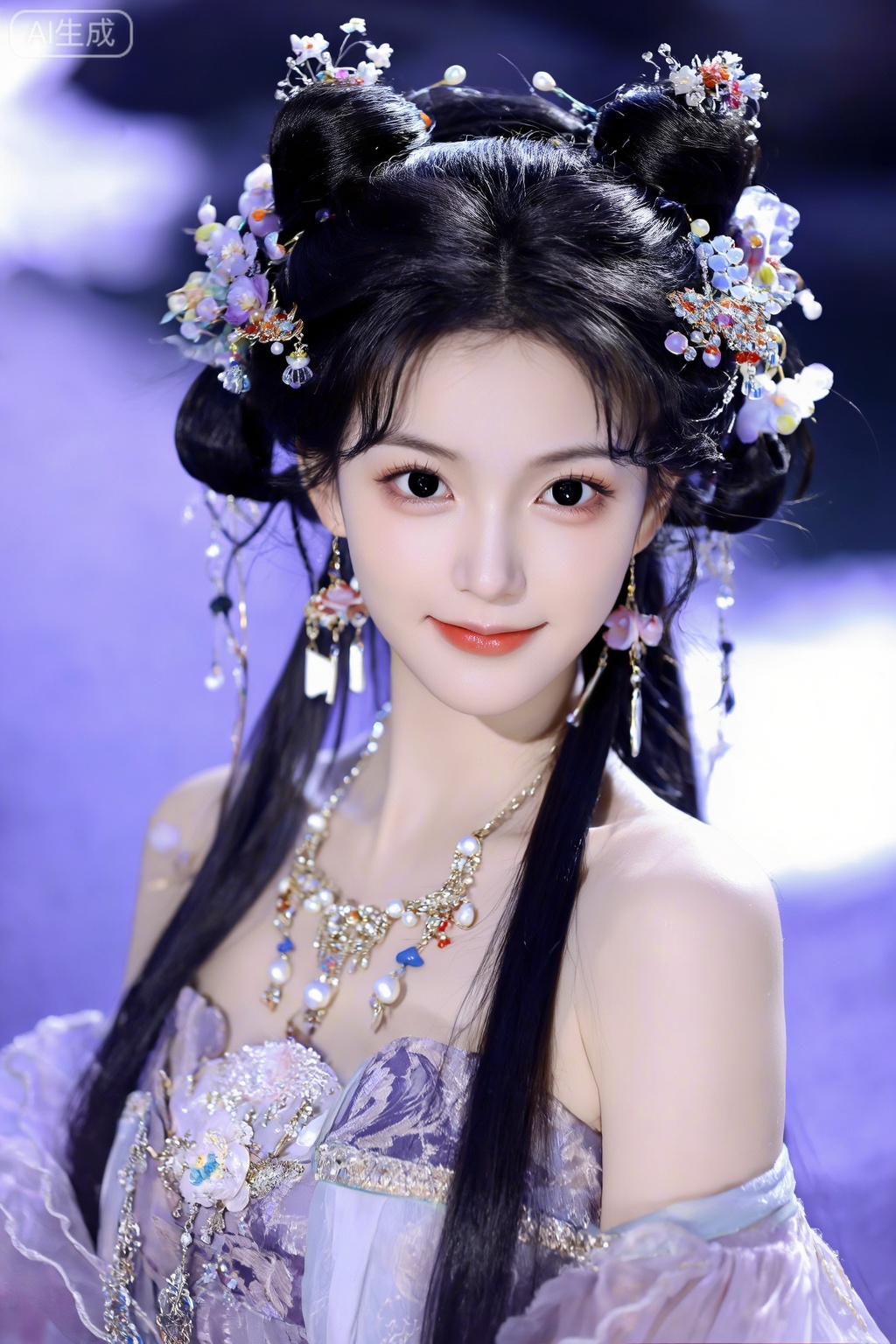 1girl, solo, long hair, looking at viewer, smile, black hair, hair ornament, dress, jewelry, upper body, flower, earrings, necklace, hair bun, black eyes, purple dress