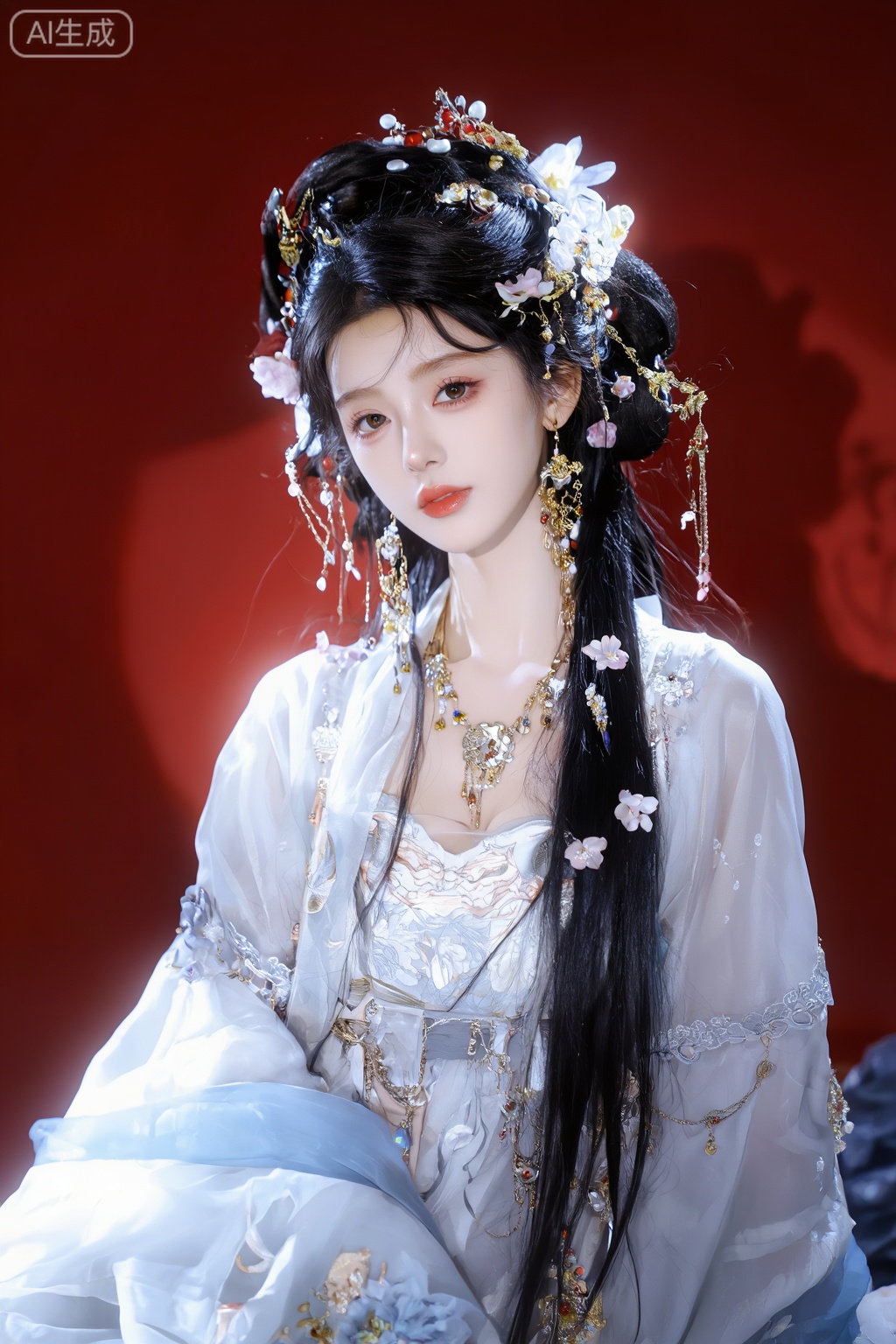 1girl, solo, long hair, looking at viewer, black hair, hair ornament, long sleeves, dress, jewelry, closed mouth, upper body, flower, earrings, hair flower, necklace, 纯红色背景,高级感