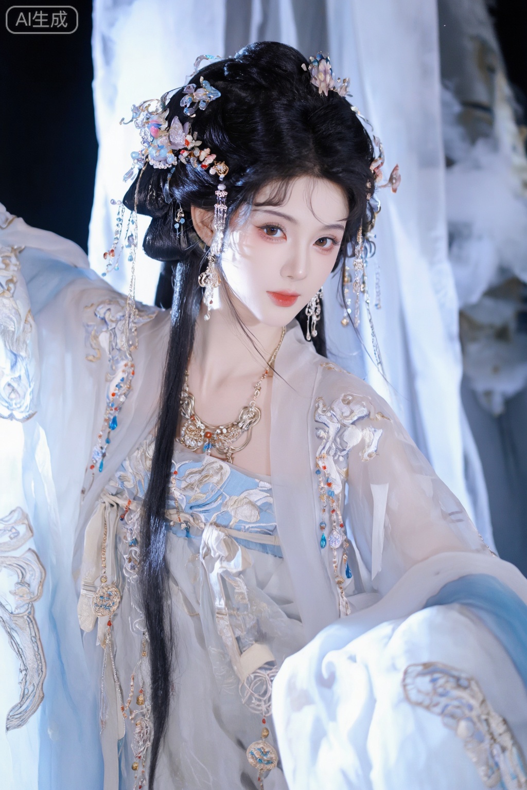 1girl, solo, black hair, hair ornament, long sleeves, dress, , jewelry,