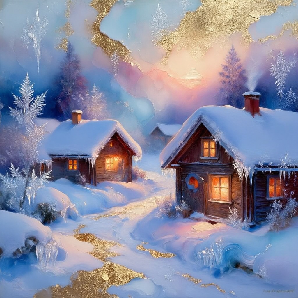 maximalist mixed media and oil painting with delicate golden foil details and glazing. a serene,  snow-covered village at...