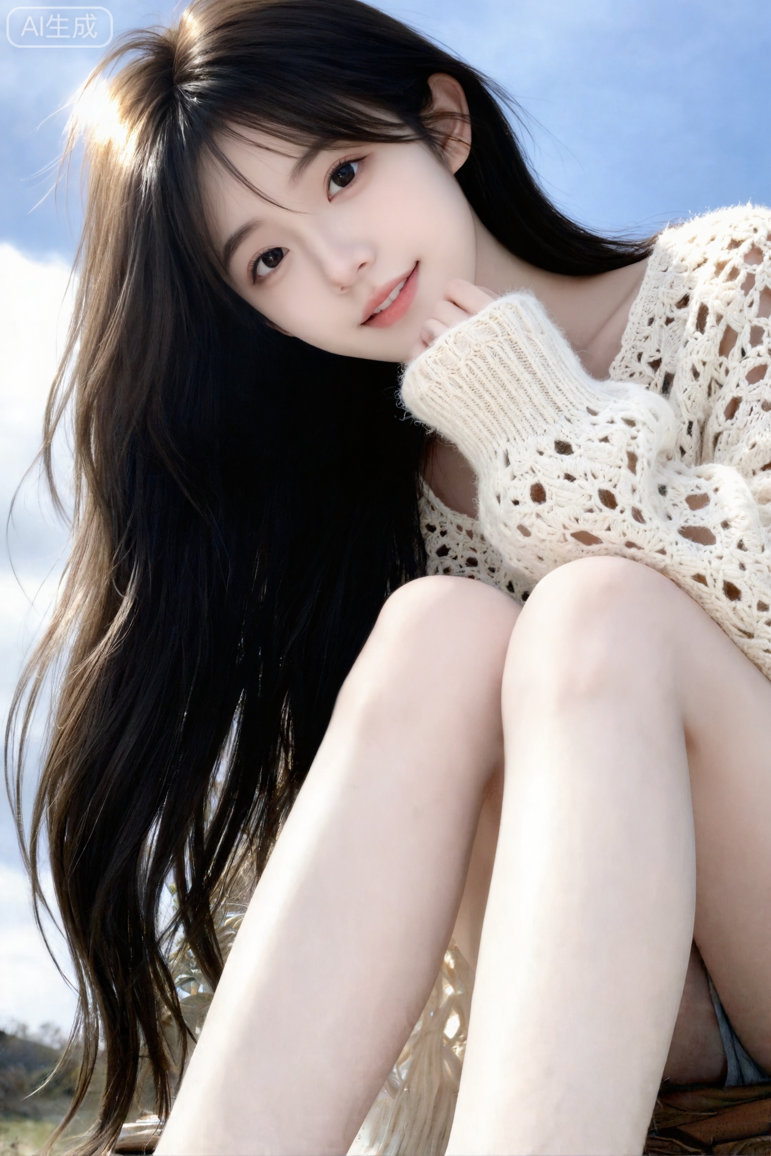 杰作级画质,顶级图像精度,超高清细节渲染,单人女性角色,（乌黑亮丽的长发：1.4）,（比例优越的纤细长腿：1.3）,（肌肤白皙光滑的匀称美腿：1.4）,（挺拔饱满的D 罩杯曲线：1.4）,（精致立体的美颜五官：1.4）,黄金比例惹火身段,体态窈窕挺拔,气质明艳动人,一个女孩,
环境为阴天,柔和的光线笼罩。室外,一位灰棕色长发及腰、模样可爱的冷白皮女生,表情可爱,身着马海毛羊毛手工钩花点缀错落下摆廓形慵懒毛衣。画面因快门速度不足产生运动模糊,构图随意却尽显生活中的绚丽日常。一张非常普通的iPhone拍摄,清晰的主体是19岁漂亮网红气质的女生,高鼻梁,身材和脸型瘦瘦的,也没有构图感,只是一张随意抓拍的照片。这张照片存在轻微的运动模糊,且因阳光不均问题,还有轻微的过曝现象。阳光透过发丝照在脸上,突出冷白皮通透自然的肌肤状态,整体神态灵动又不失随性。唯美的氛围感。写实摄影风格,非商业修图,保留轻微的噪点,高光不过曝,阴影有细节,表情自然松弛慵懒休闲,眼神很自然不失真(看镜头或不看镜头）,呈现出慵懒松弛悠闲的状态感觉,很贴近生活写实的照片（权威）。氛围感,情绪片,CCD拍摄,大师作品。32k超清