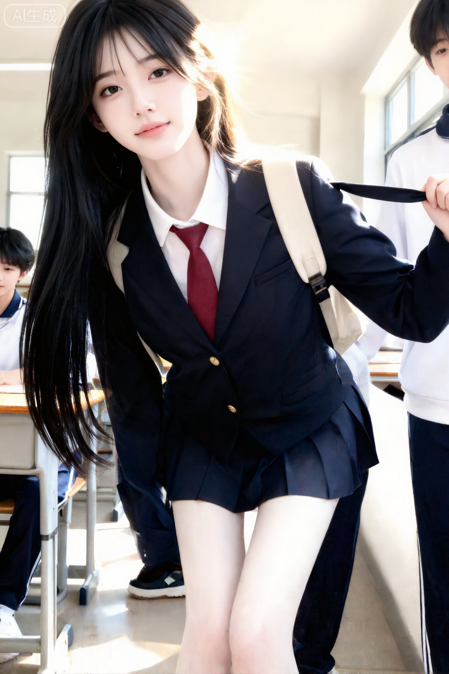 杰作级画质,顶级图像精度,超高清细节渲染,单人女性角色,（乌黑亮丽的长发：1.4）,（比例优越的纤细长腿：1.3）,（肌肤白皙光滑的匀称美腿：1.4）,（挺拔饱满的D 罩杯曲线：1.4）,（精致立体的美颜五官：1.4）,黄金比例惹火身段,体态窈窕挺拔,气质明艳动人,一个女孩,
写实摄影风格（非商业修图）,CCD拍摄质感,大师作品级氛围,保留轻微噪点,高光不过曝,阴影有细节；晴天环境,柔和光线笼罩整体,增添梦幻朦胧感,阳光透过发丝照在脸上以突出自然肌肤状态；高中教室内,随意抓拍构图（无刻意构图感）,呈现生活中绚丽日常的贴近写实感；画面因快门速度不足产生轻微运动模糊,存在轻微阳光不均导致的过曝；主体为19岁漂亮网红气质女生,长发及腰、模样似洋娃娃般可爱,高鼻梁、瘦身材瘦脸型；女生表情自然松弛慵懒,眼神自然不失真（可看镜头或不看镜头）,整体神态灵动又不失随性,尽显慵懒悠闲状态；整体为唯美的氛围感情绪片,无清晰主体,似非常普通的iPhone拍摄视角,纯欲风,,身校服外套,与同学嬉戏,拉肩带