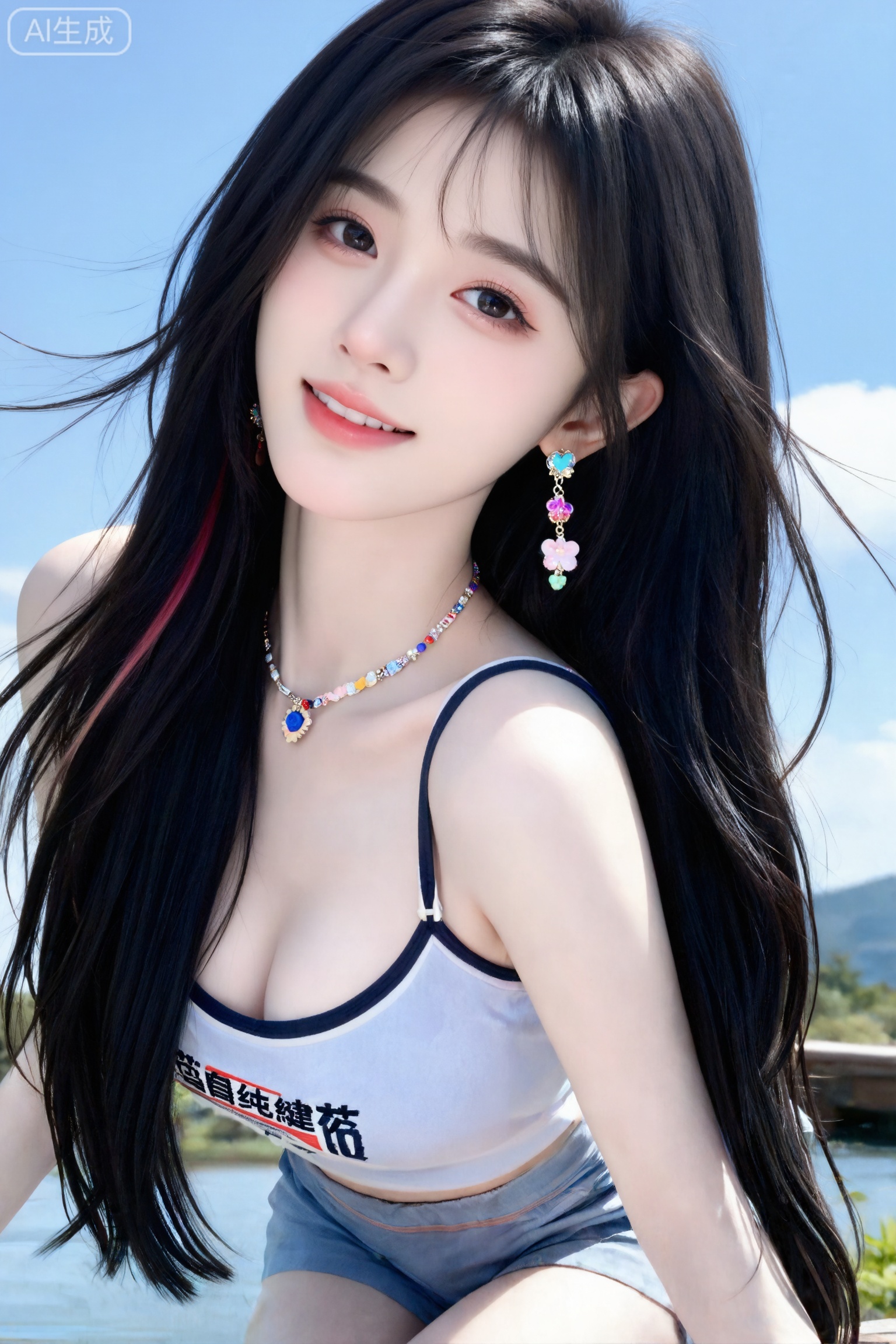 杰作级画质,顶级图像精度,超高清细节渲染,单人女性角色,（乌黑亮丽的长发：1.4）,（比例优越的纤细长腿：1.3）,（肌肤白皙光滑的匀称美腿：1.4）,（挺拔饱满的D 罩杯曲线：1.4）,（精致立体的美颜五官：1.4）,黄金比例惹火身段,体态窈窕挺拔,气质明艳动人,一个女孩,
纯欲女生在室外,鞠婧,三庭五眼比例均衡,俏皮可爱的表情,细腻陶瓷水嫩肌肤,偏冷白皮,随机的妆容,随机批着头发和颜色,随机的饰品,随机的动作,侧光,发丝凌乱,中景15°镜头,总体有很多的不确定性,但又好看,衬衣外塔,小众品牌穿搭,搭配又很合理,最高等级画质,真实合理,轻微曝光过度。容颜绝美,正面照,超清晰画质,妆造精致,饰品精巧,可爱妆造,温柔大方,五官精致,面部清晰,（电影级面光：1.6）,（光线追踪：1.5）,（冷白皮漫感质感的光滑皮肤：1.7）,（人物有最好的骨相：1.2）,（网感脸：1.6）,完美身材,身材完美,莫兰迪配色,高颜值网红,INS风,三庭五眼比例均衡,身材娇小,细腻陶瓷水嫩肌肤,偏冷白皮,随机的动作,侧光,随机角度拍摄,总体有很多的不确定性,但又好看,
风格甜美少女系,氛围慵懒俏皮,东方美女,冷白皮气质美女,薇薇纯欲风,皮肤白皙,偶像气质,fairskin,气质的江南美女子,有点甜美,皮肤美白透亮,表情可爱,甜美氛围,细腻笔触,独特韵味的美